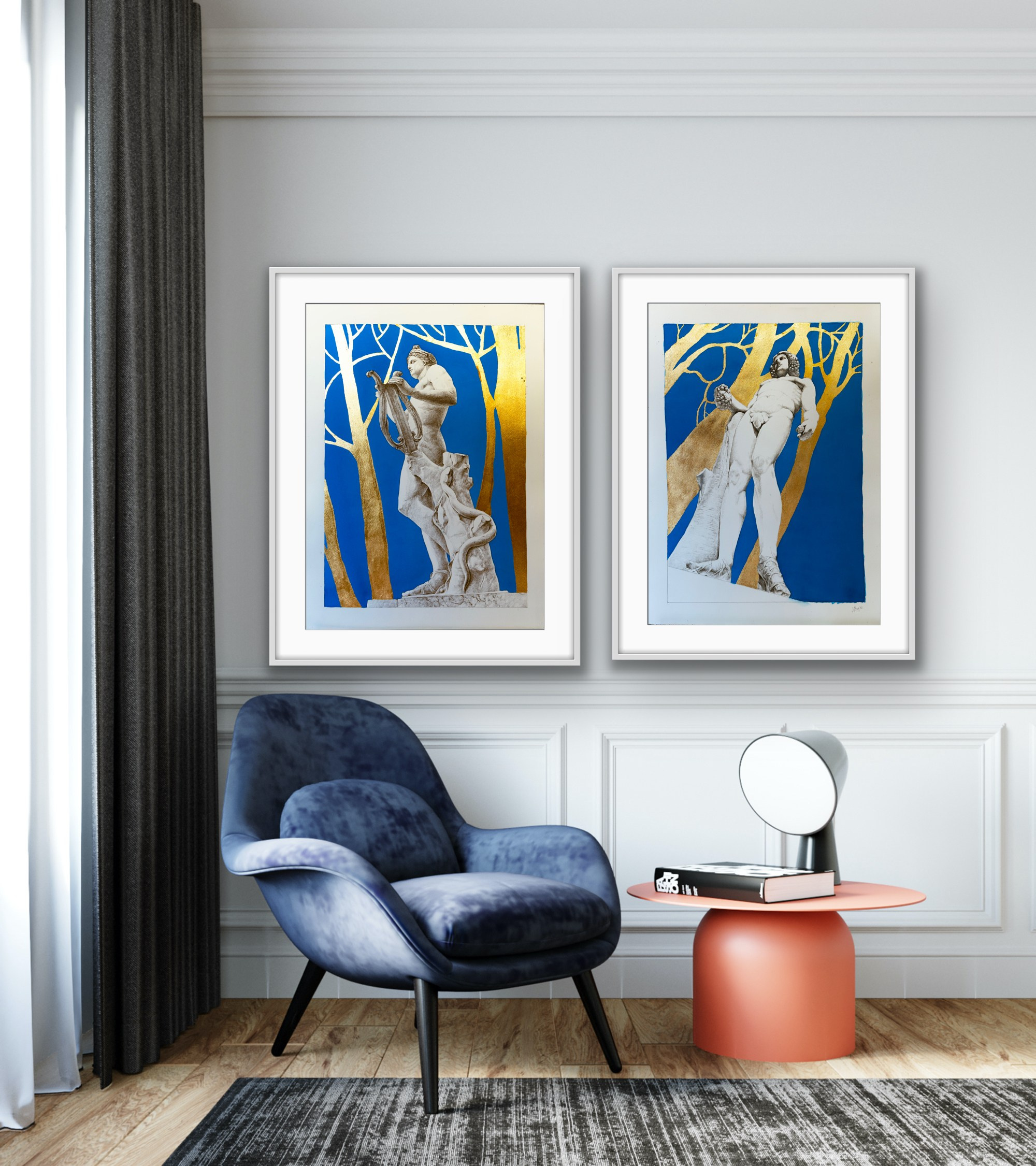 Artwork for sale: Mixed media of watercolor, Chinese ink, and gold leaf depicting a Versailles statue. Ideal for interior decoration, these artworks are perfect for adding a touch of elegance and serenity to any space.