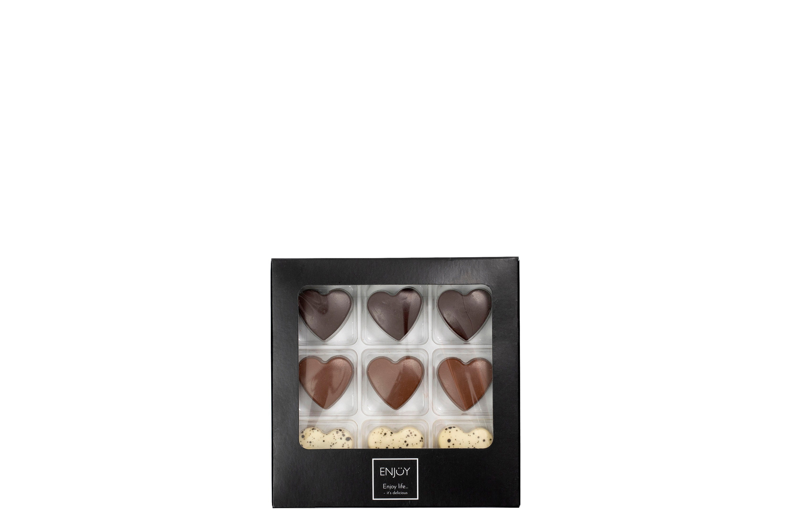 Enjoy hjertechokolade Håndlavet fyldt chokolade, med tre forskellige smagsvarianter / 9 stk. 90 g.