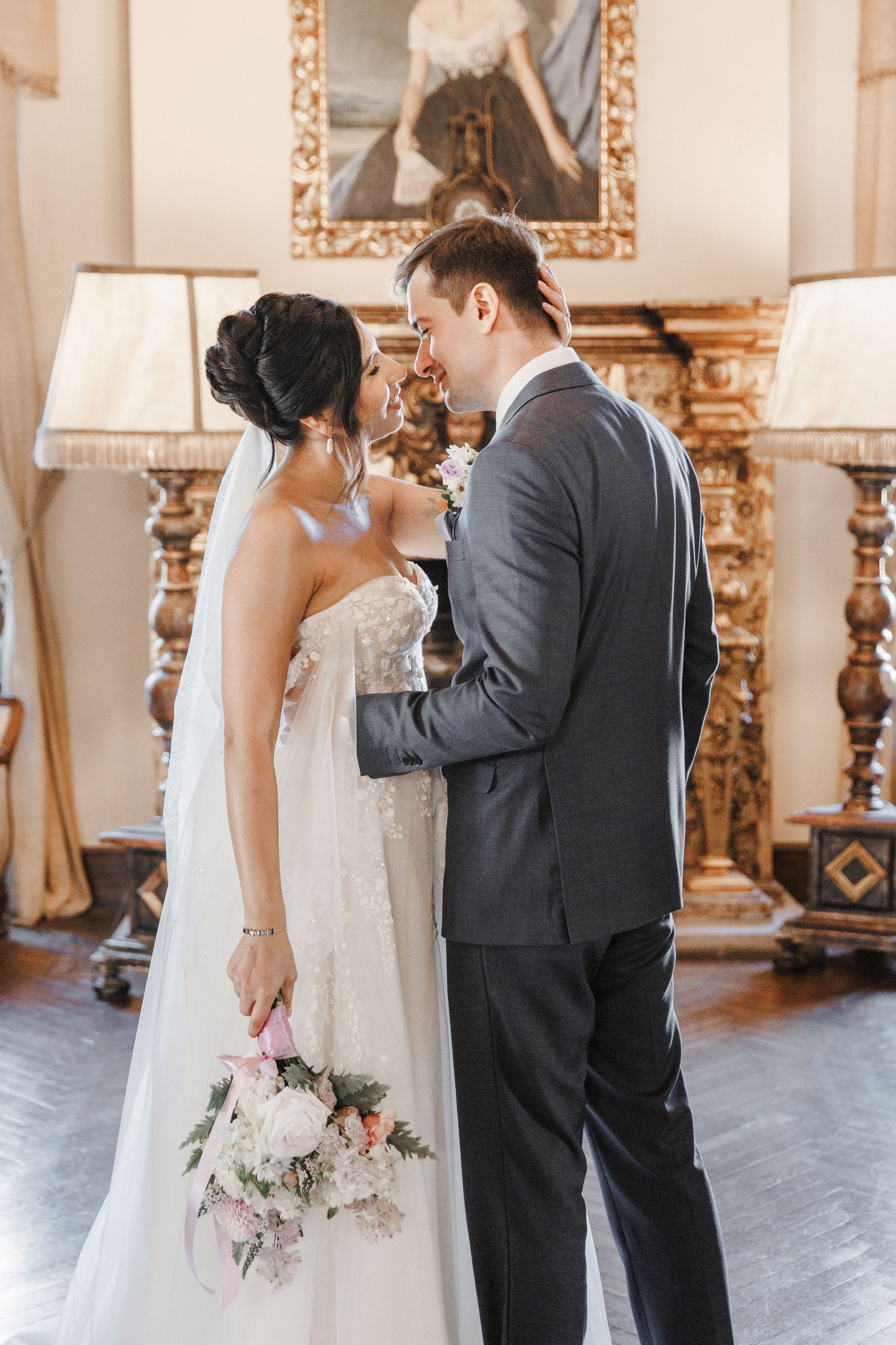 Classic portrait of the bride and groom, emphasizing timeless elegance on their wedding day in Barcelona.