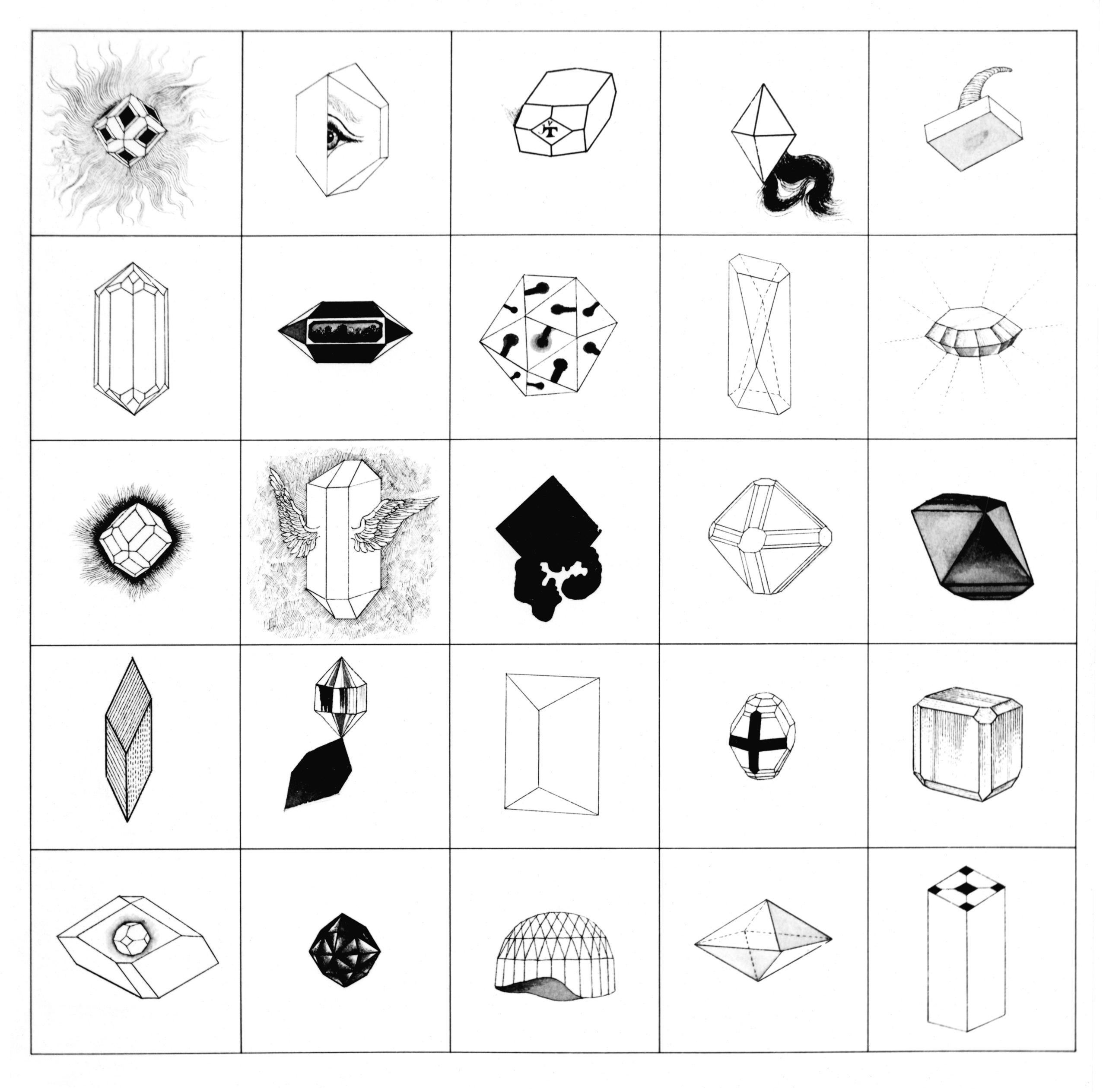 Crystals (including a gold nugget from California, Orłow diamond, mourning topaz and others), ink, 1975, Muzeum Sztuki in Łódź