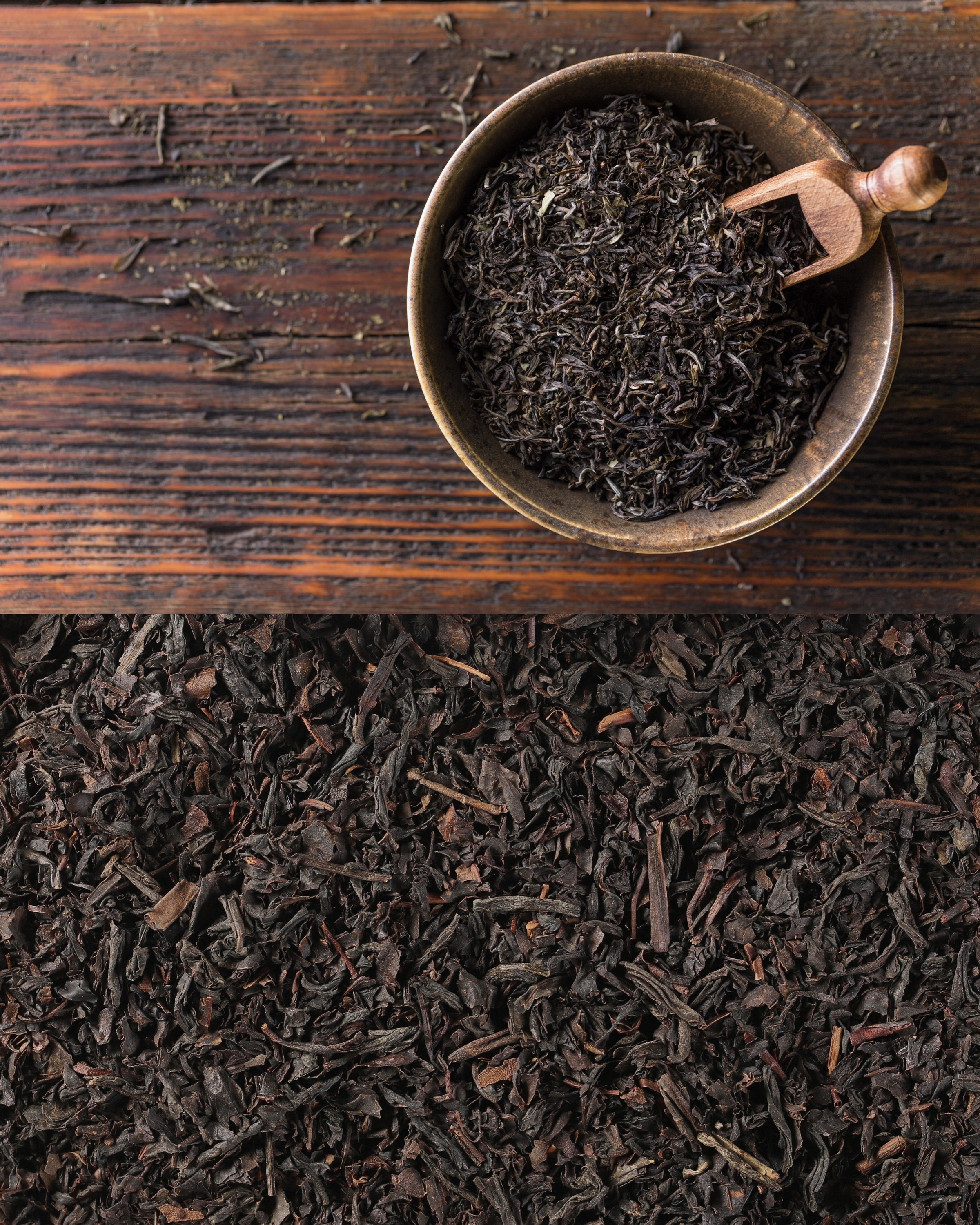 Top view of a bowl of loose black tea with a small wooden scoop on a rustic wooden surface
