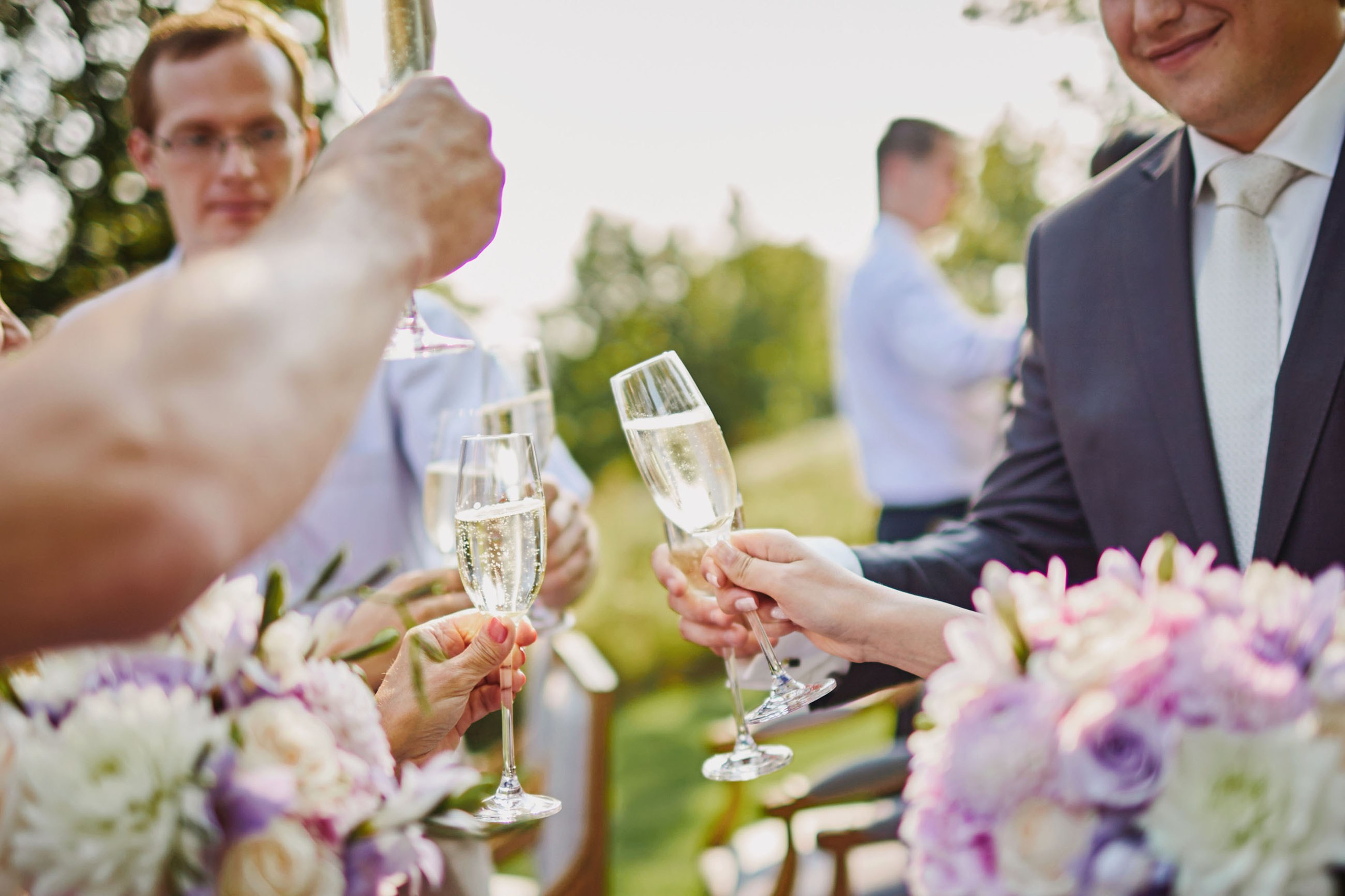Guests toasting newlyweds at outdoor summer chateau wedding in Czechia.