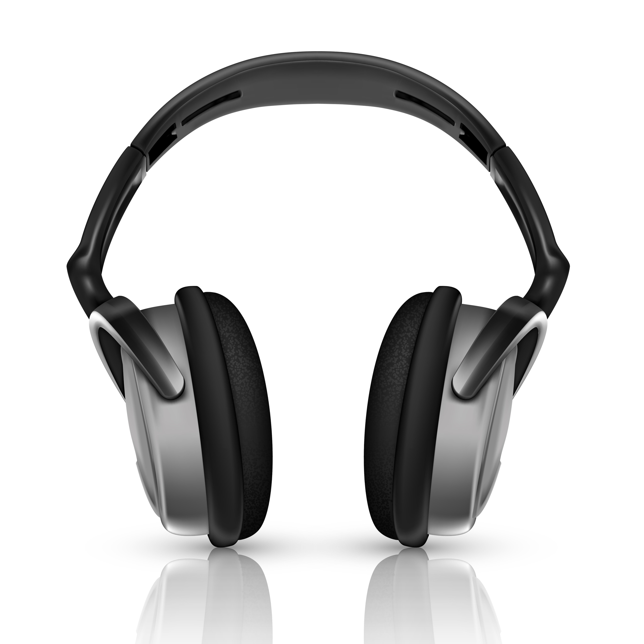 Black and silver over-ear headphones displayed against a white background, with a modern, reflective surface beneath