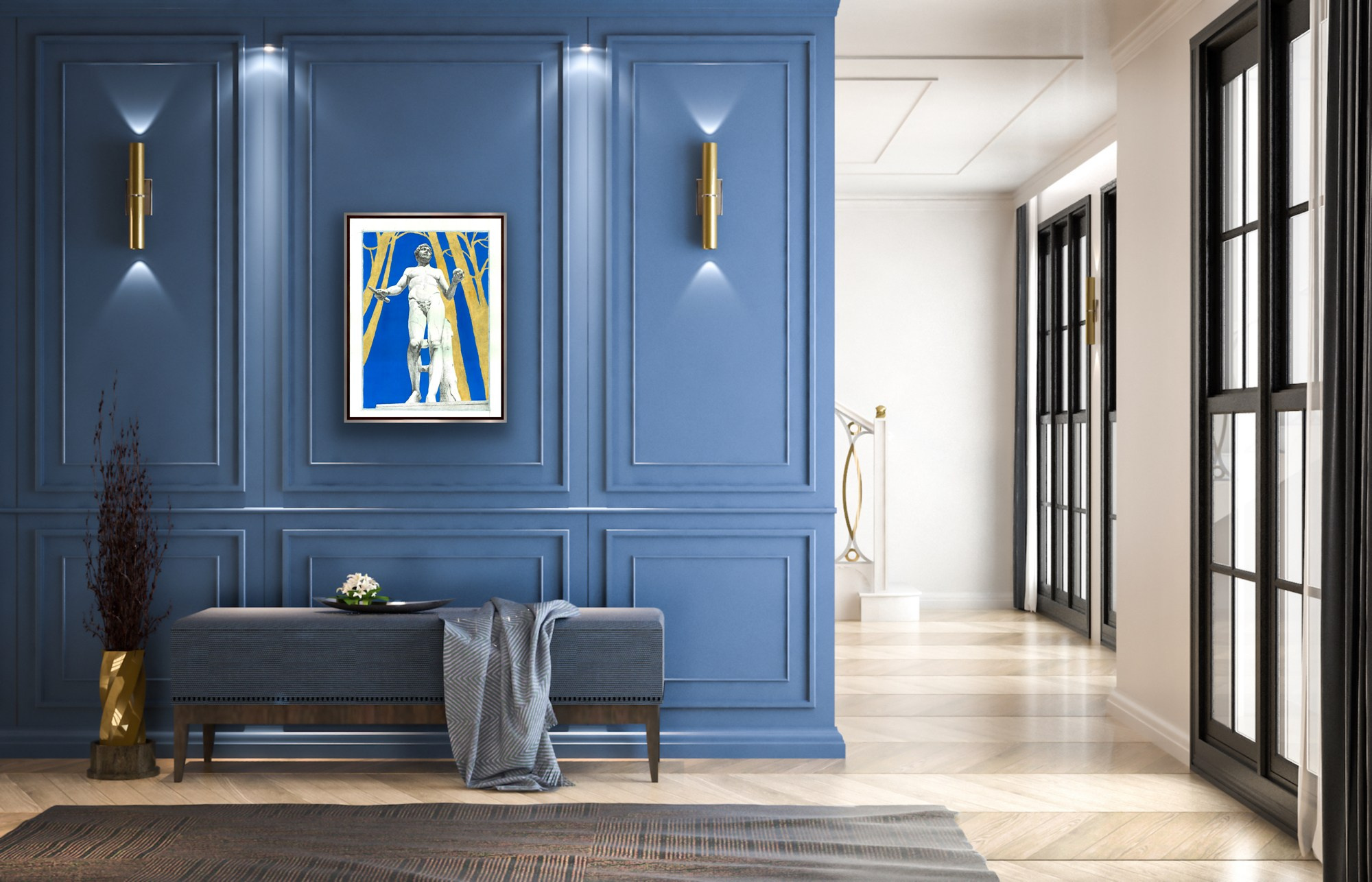 Artwork for sale: Mixed media of watercolor, Chinese ink, and gold leaf depicting a Versailles statue. Ideal for interior decoration, these artworks are perfect for adding a touch of elegance and serenity to any space.