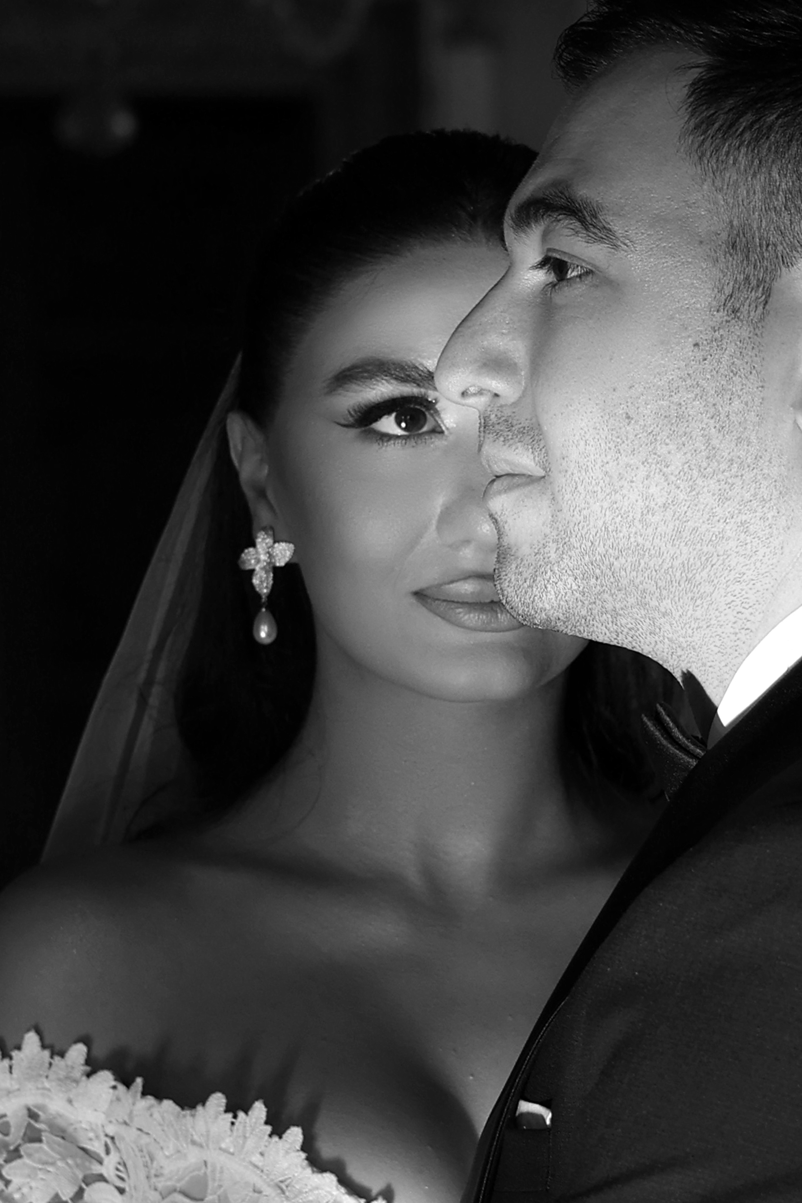 Elegant portrait of an Armenian bride and groom inside Aman Venice hotel