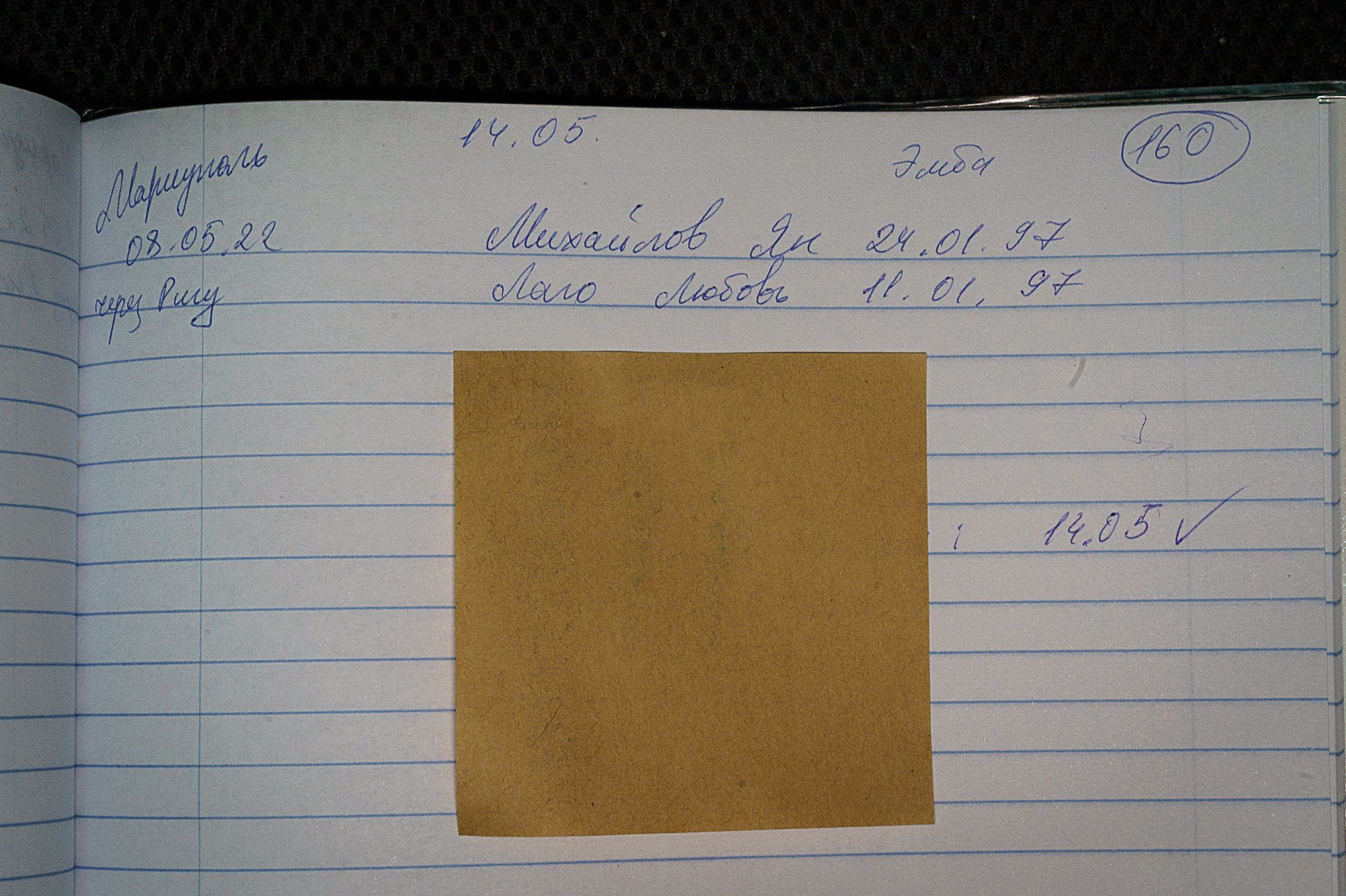 160-th family asked for help in the volunteer studio. Caption: names, surnames, DOBs, from Mariupol through Riga 08.05.22 Visit the center on 14th of May