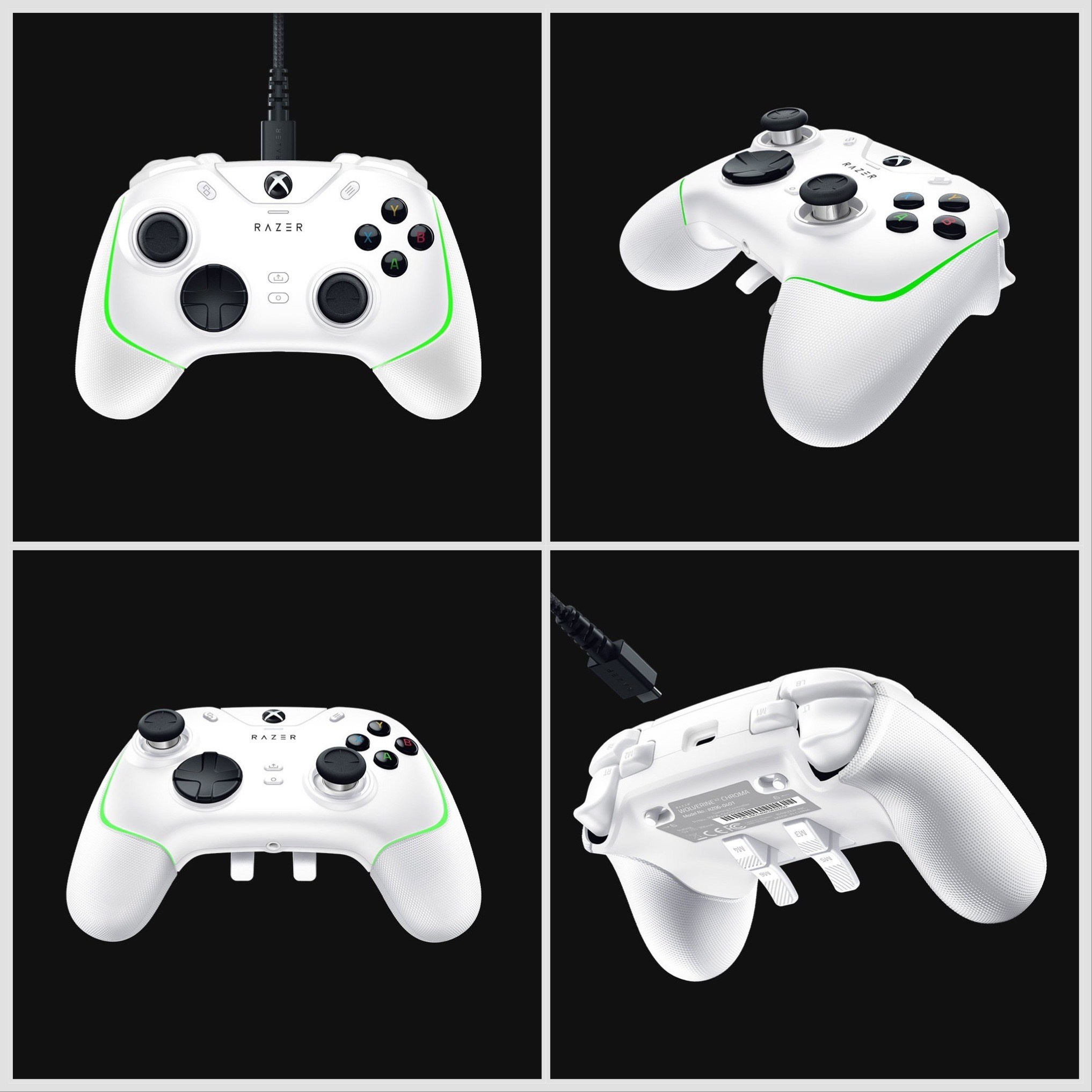 Close-up shots of a white gaming controller from multiple views, showcasing the analog sticks, triggers, and branding