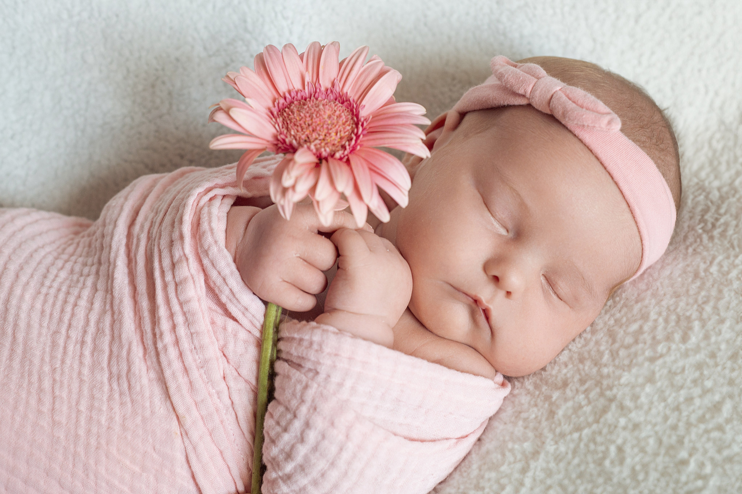 Portrait de nouveau-né endormi, emmailloté en rose avec une fleur, photo artistique de naissance