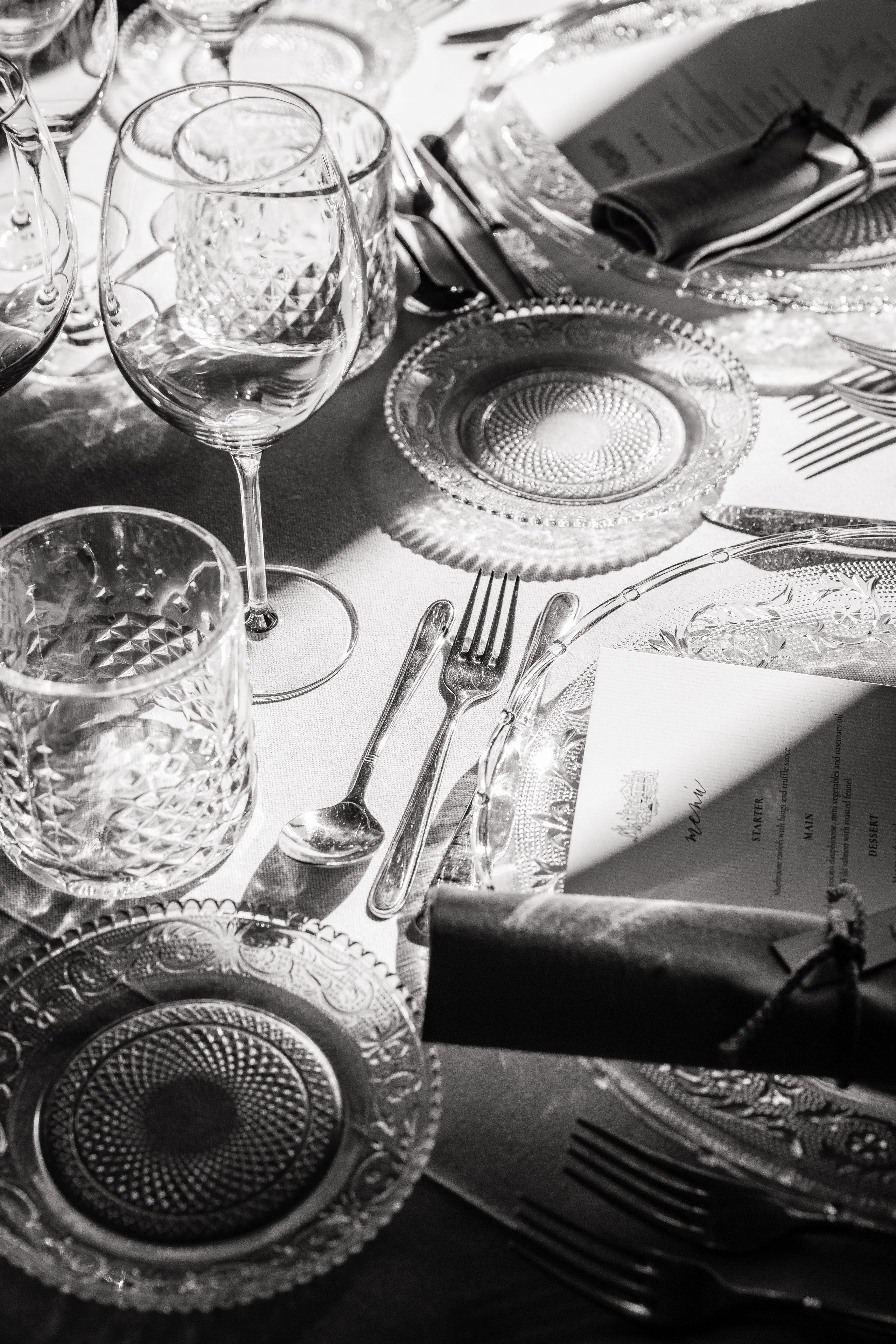 Elegant table settings at a wedding reception in Barcelona.