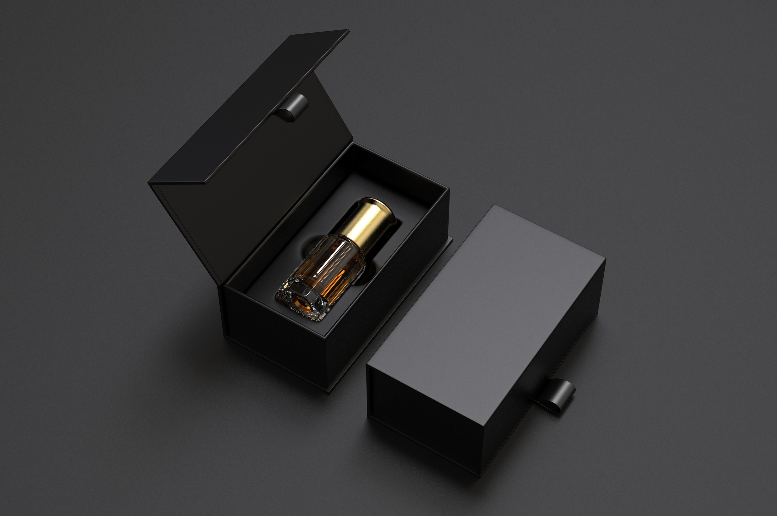 Luxury perfume bottle with a gold cap displayed in an open black gift box