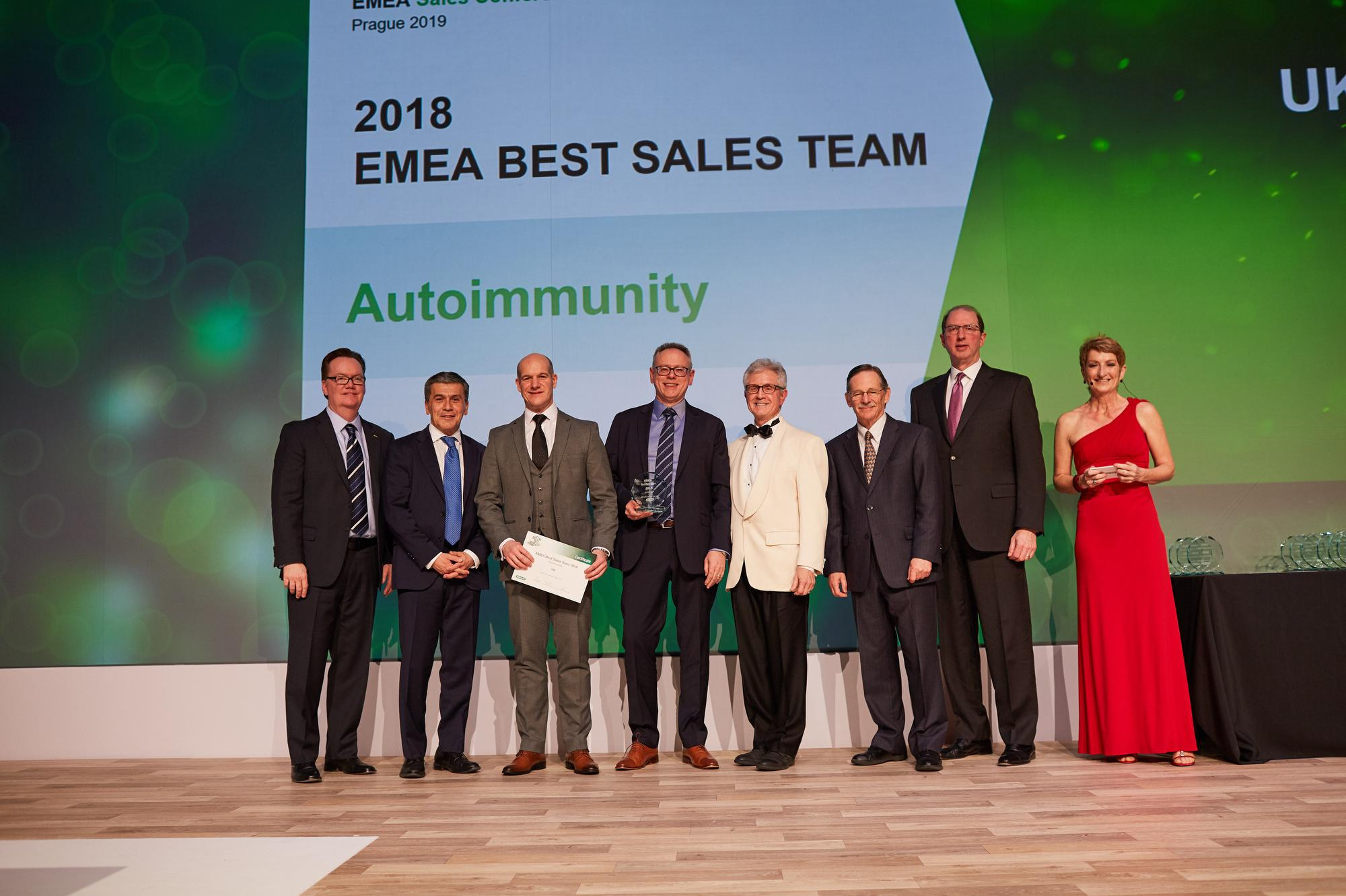 The 2018 EMEA Best Sales Team Autoimmunity awardees are welcomed to the stage.