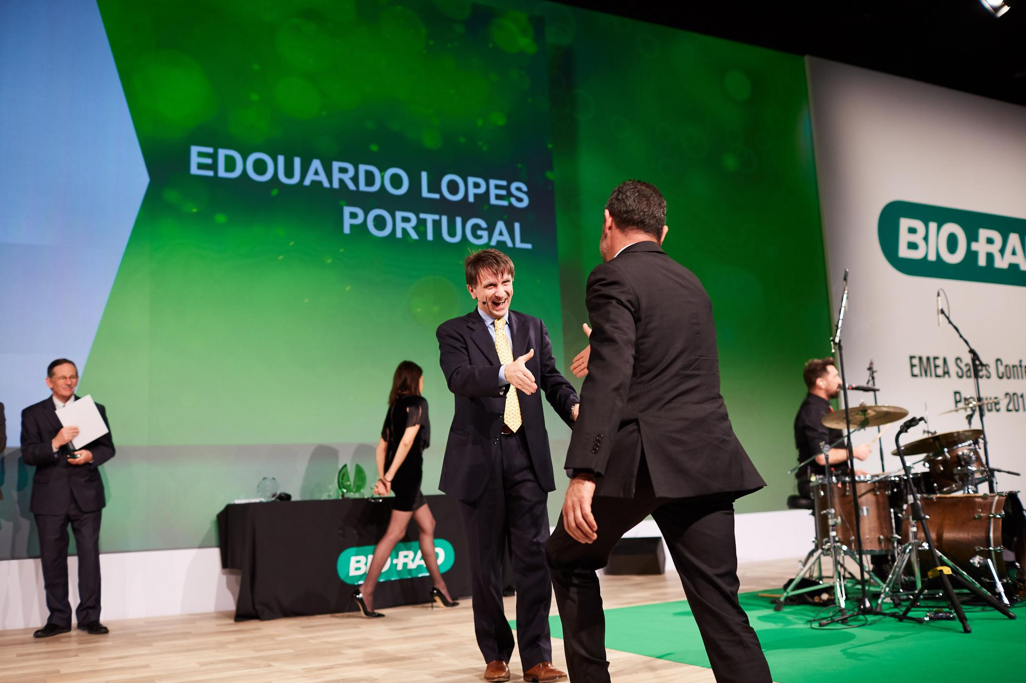 Edouardo Lopes from Portugale is welcomed to the stage during the Bio-Rad event.