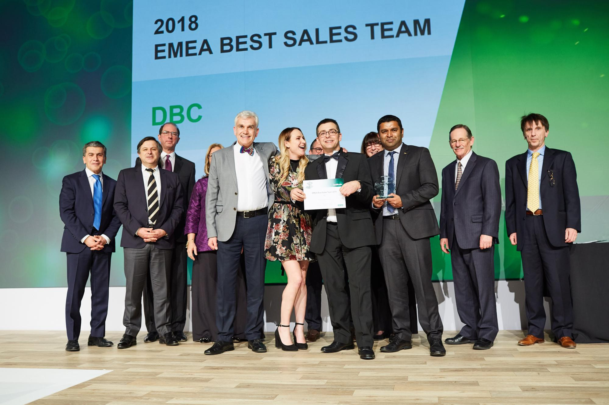 Bio-Rad acknowledges the 2018 EMEA DBC Best Sales Team on stage.