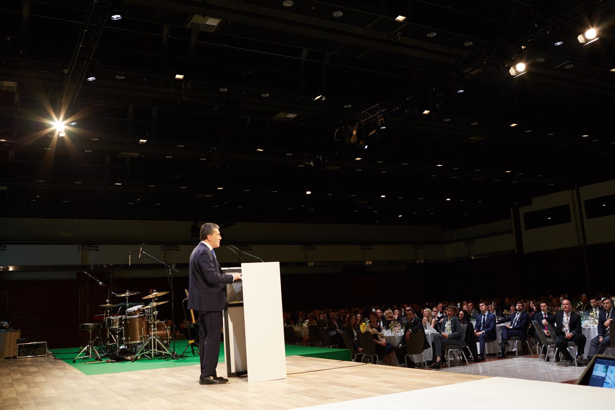 A speaker addresses the crowd during the Bio-Rad event.