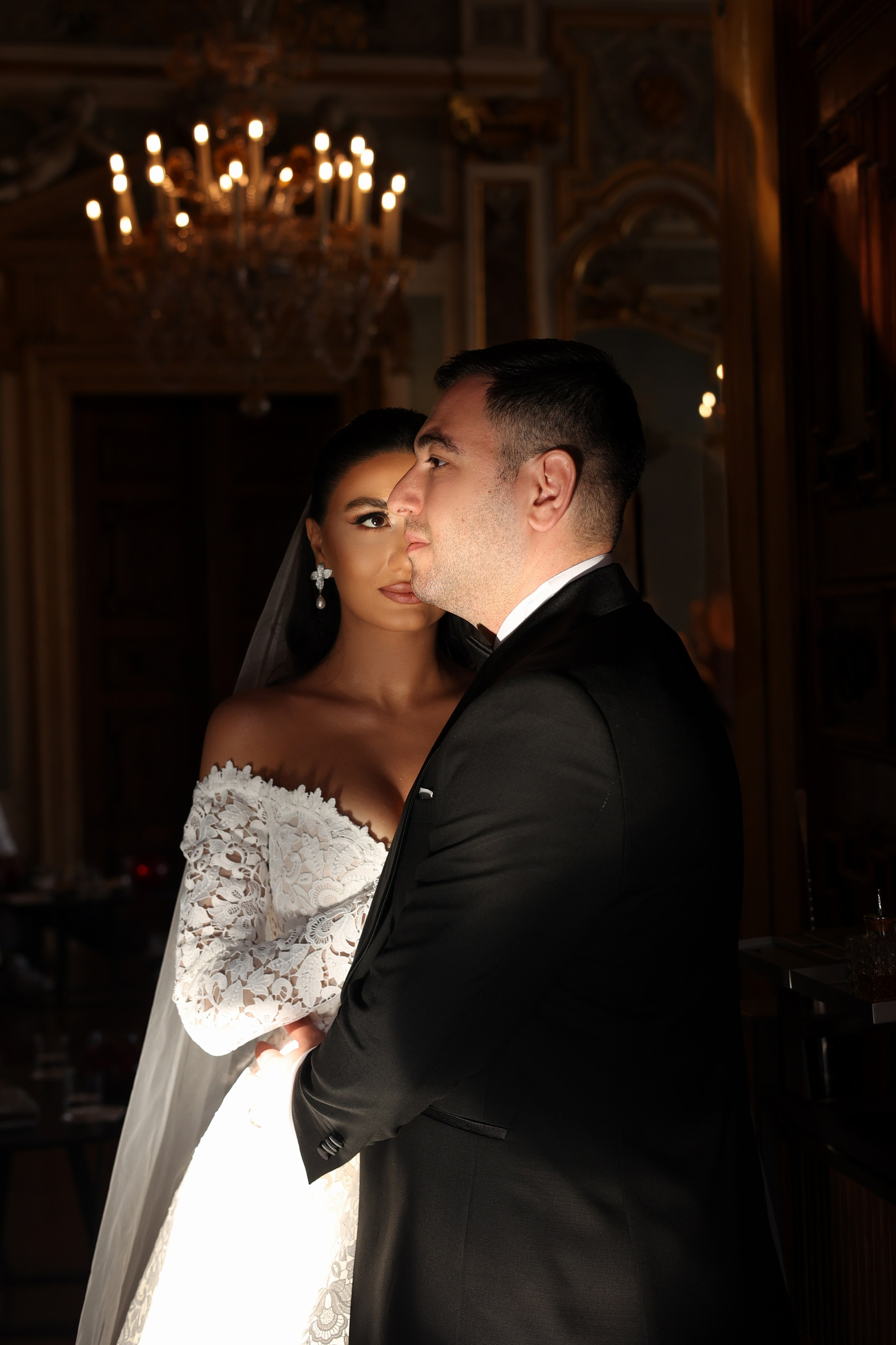 Bride and groom portrait at historic salon at Aman Venice