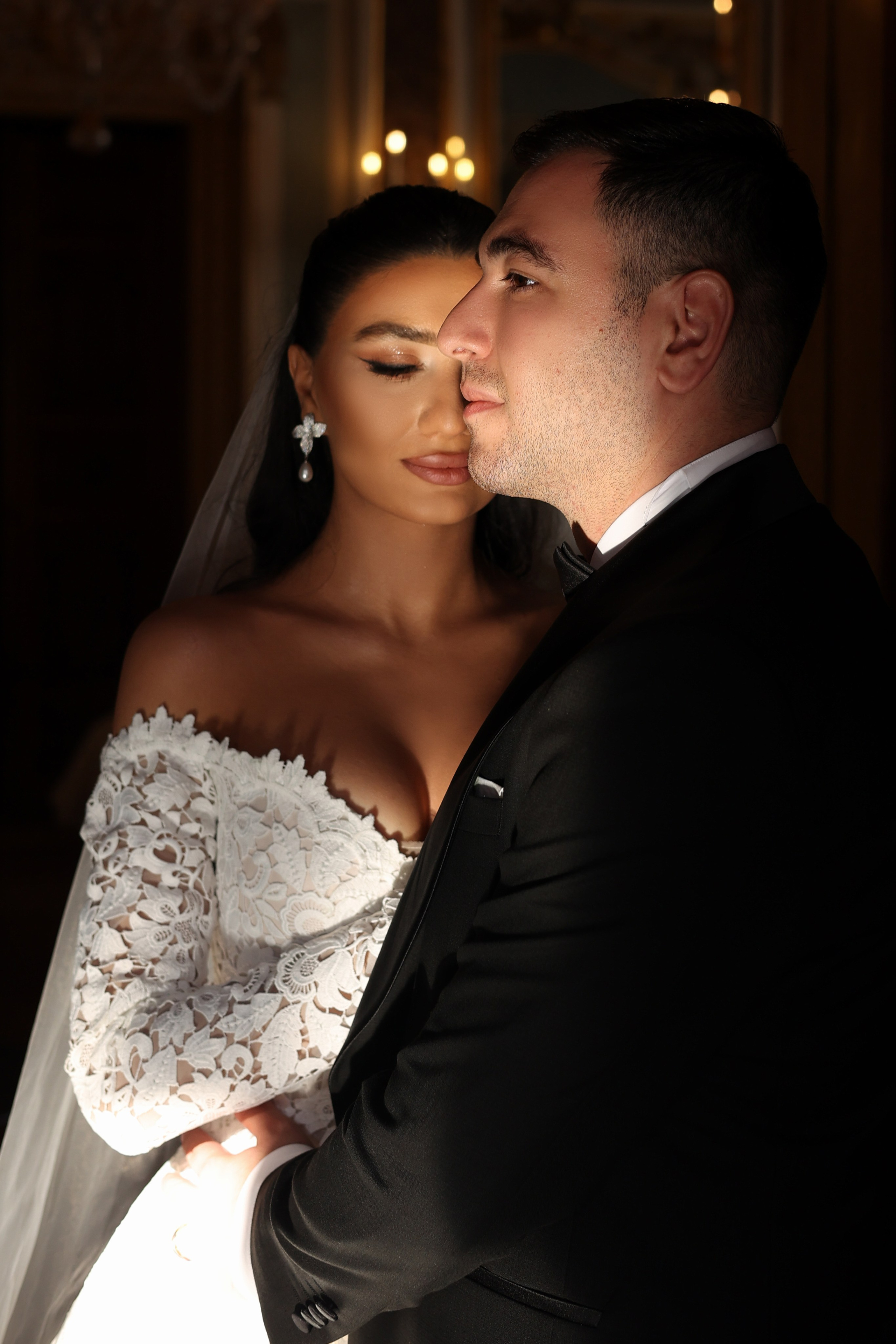 Bride and groom portrait at historic salon at Aman Venice