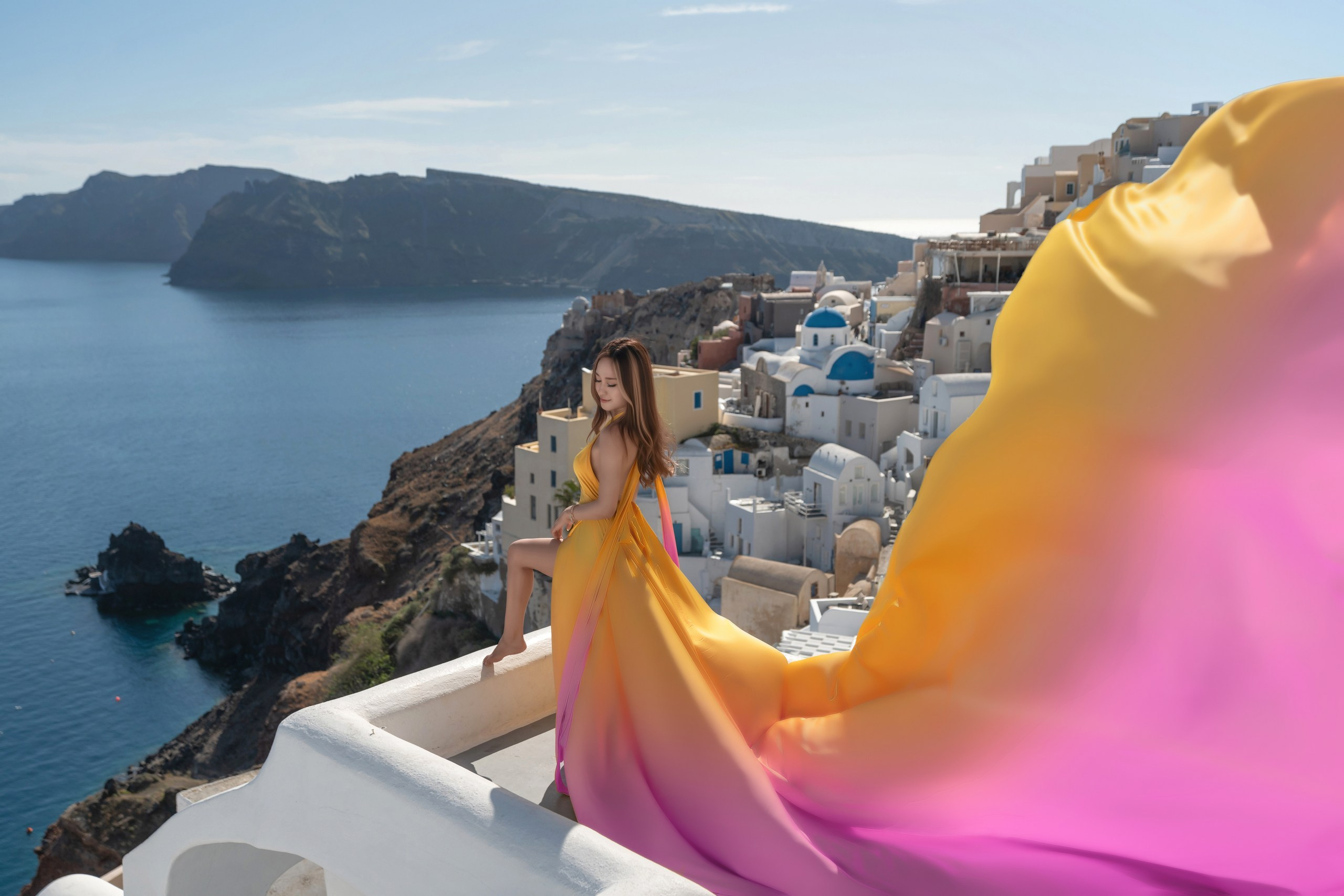 Yellow Flying Dress with Bare Back | Elegant Flowing Gown XS-L. Photographer in Santorini SokoLOVE Alex| Flying Dress Santorini