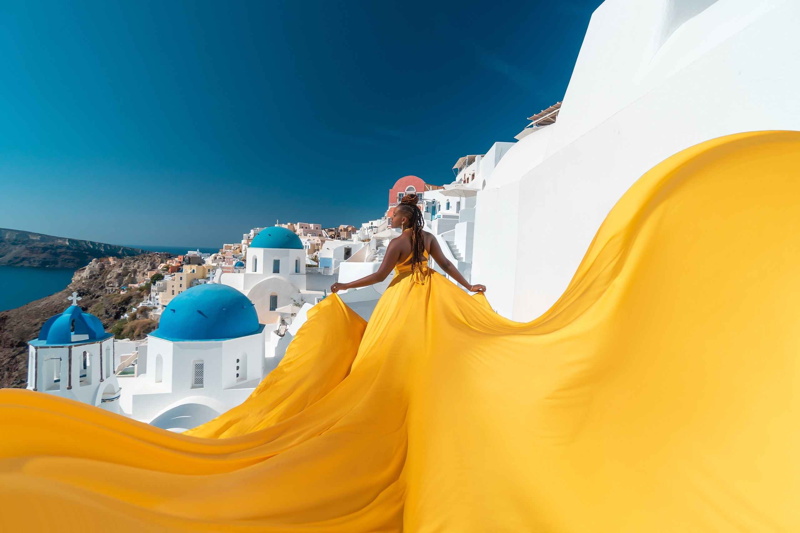 Yellow Flying Dress with Bare Back | Elegant Flowing Gown XS-L. Photographer in Santorini SokoLOVE Alex| Flying Dress Santorini