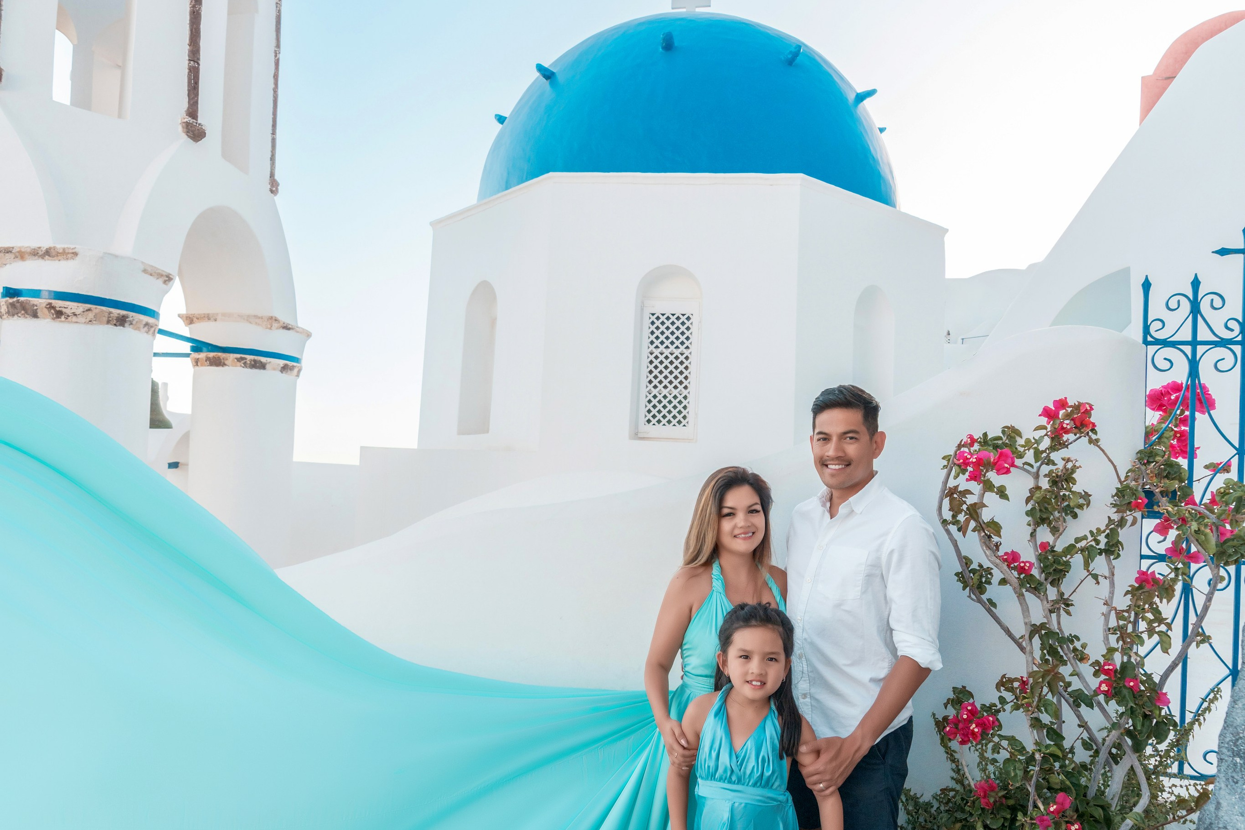 Draped in Dreams, Soaring in Santorini with a flying dress