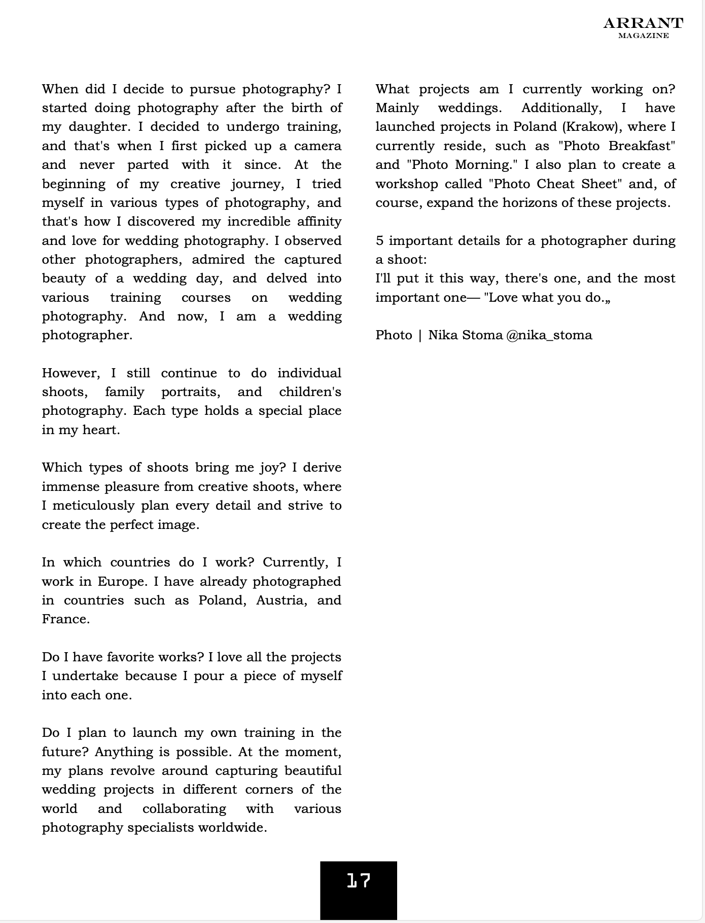 Photographer in Krakow/Europe Veronika Stoma