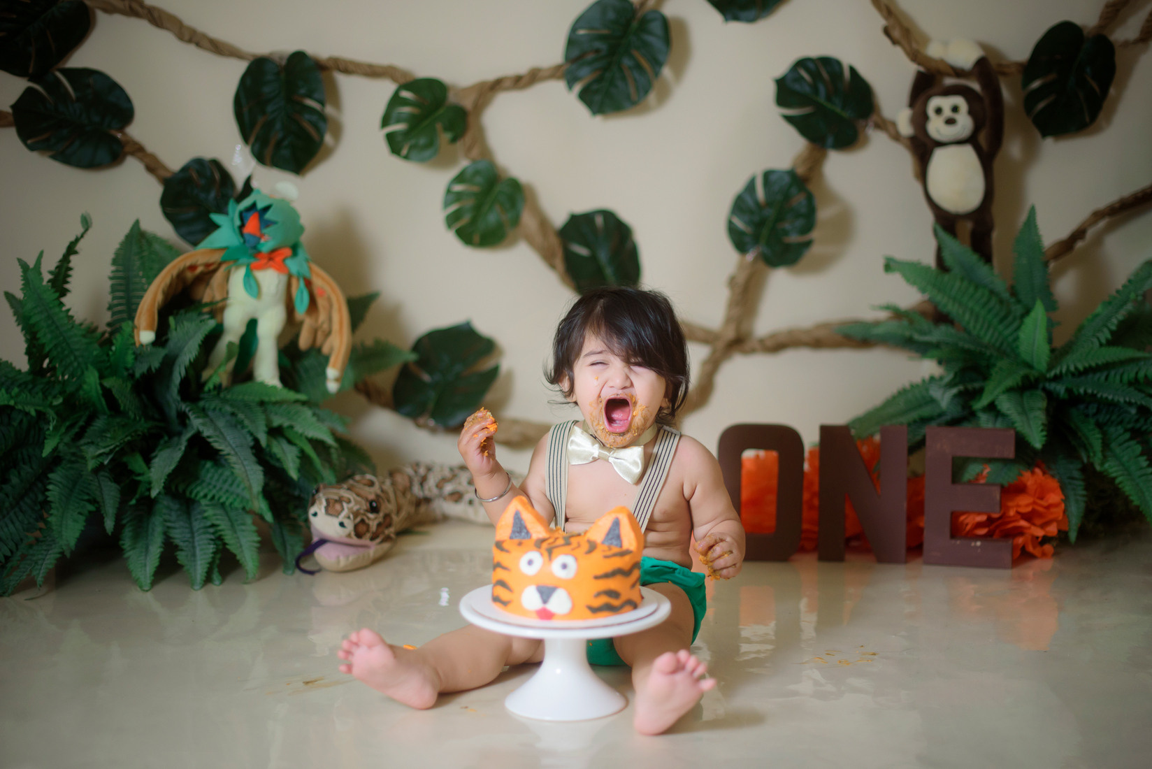 Jungle themed cake smash first birthday photography, Roseville, CA. Family photographer in Roseville, Rocklin, Folsom, Sacramento