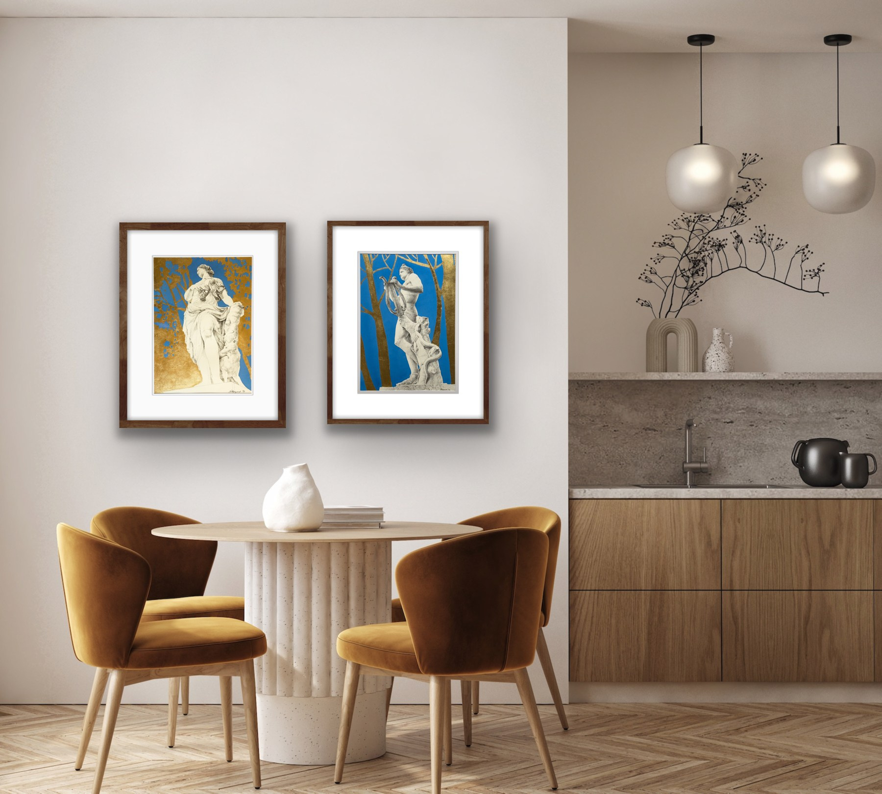 Artwork for sale: Mixed media of watercolor, Chinese ink, and gold leaf depicting a Versailles statue. Ideal for interior decoration, these artworks are perfect for adding a touch of elegance and serenity to any space.