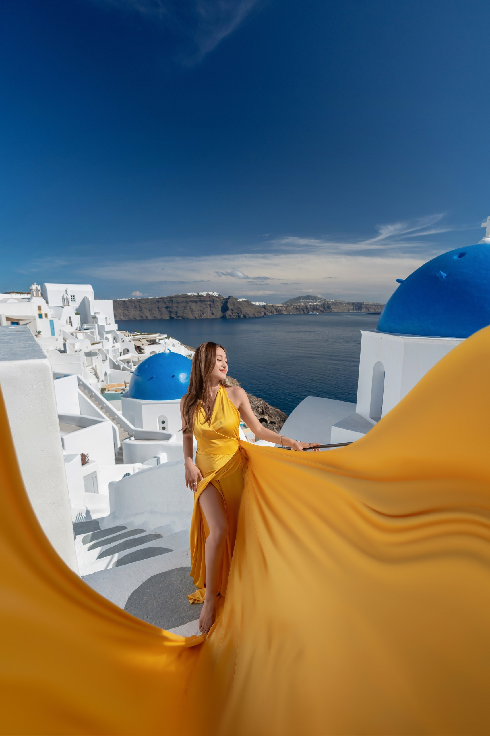 Yellow Flying Dress with Bare Back | Elegant Flowing Gown XS-L. Photographer in Santorini SokoLOVE Alex| Flying Dress Santorini