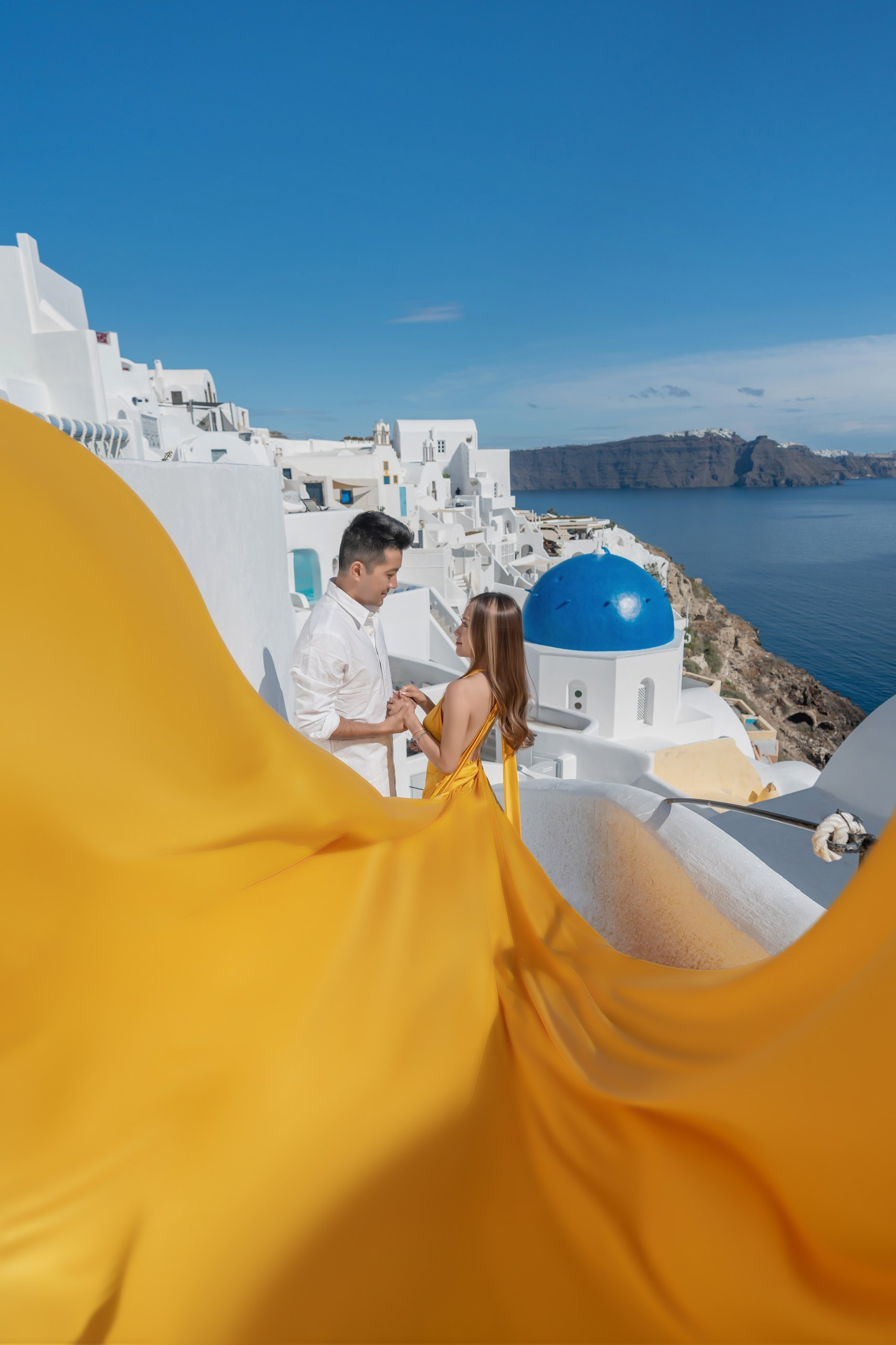 Yellow Flying Dress with Bare Back | Elegant Flowing Gown XS-L. Photographer in Santorini SokoLOVE Alex| Flying Dress Santorini