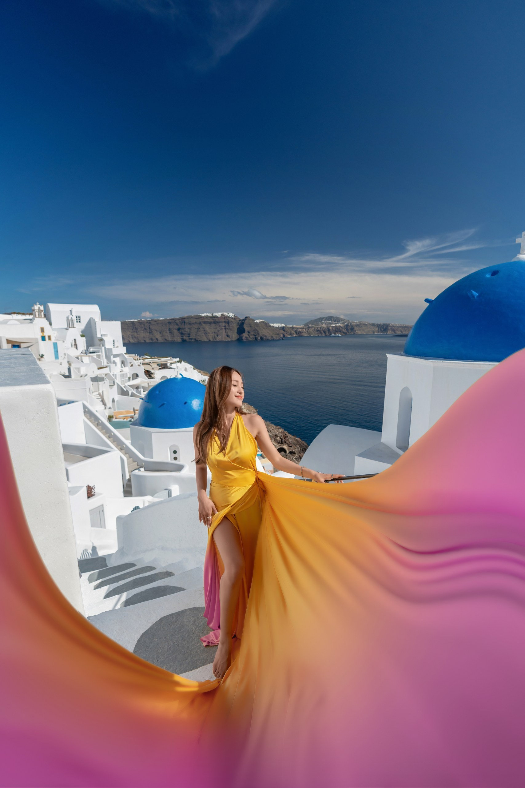 Yellow Flying Dress with Bare Back | Elegant Flowing Gown XS-L. Photographer in Santorini SokoLOVE Alex| Flying Dress Santorini