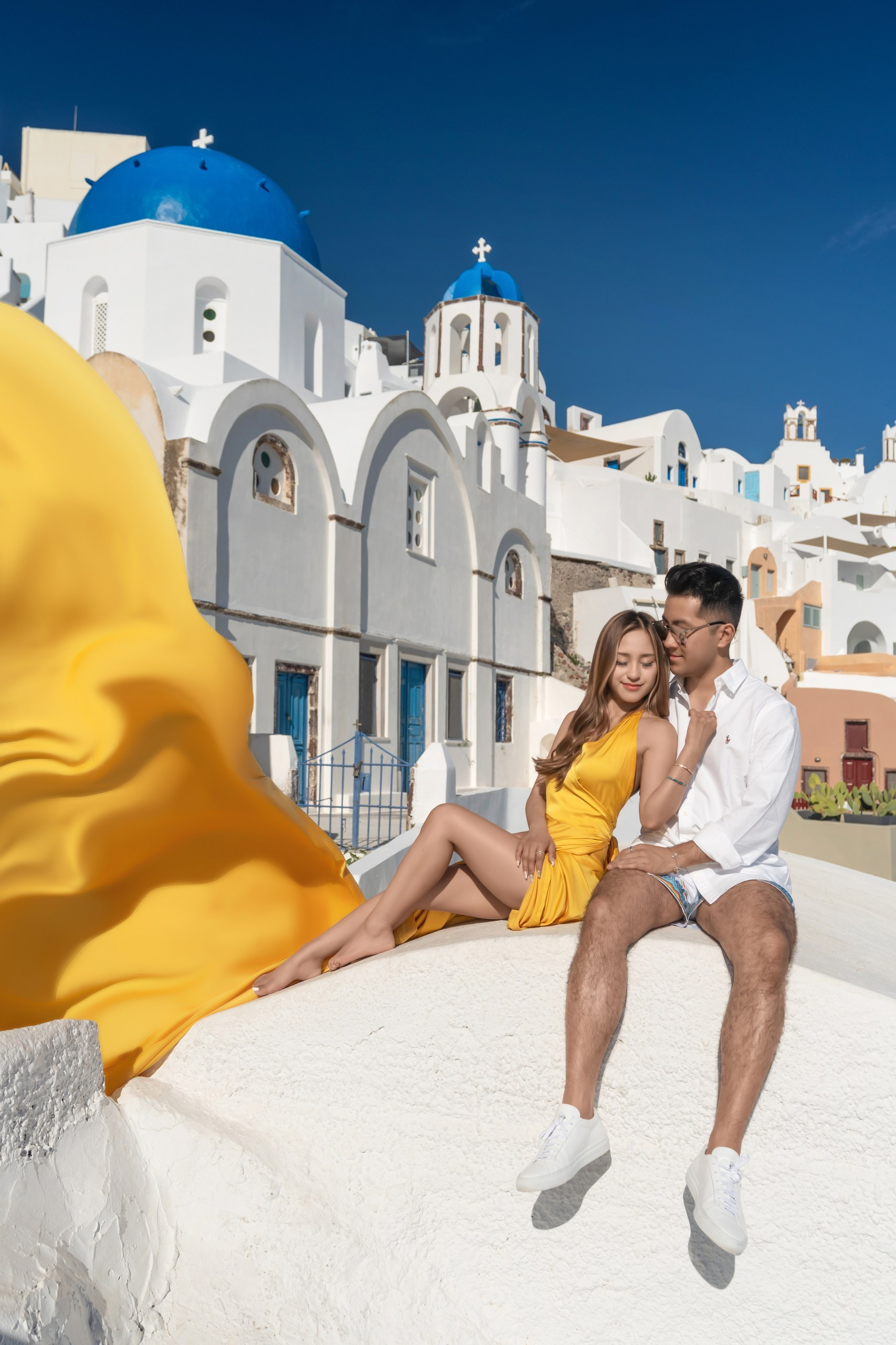 Yellow Flying Dress with Bare Back | Elegant Flowing Gown XS-L. Photographer in Santorini SokoLOVE Alex| Flying Dress Santorini