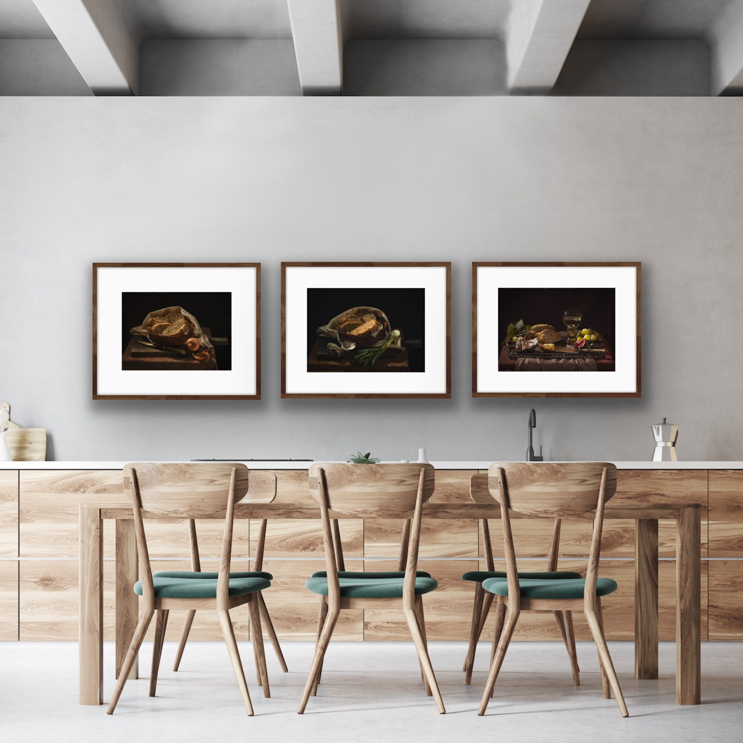 High-resolution photograph for sale, featuring a still life in the style of Dutch painting. The image showcases a classic composition with bread, oysters, and other elements reminiscent of a traditional Dutch still life. Perfect for interior design or art enthusiasts interested in a blend of classic art and modern photography.