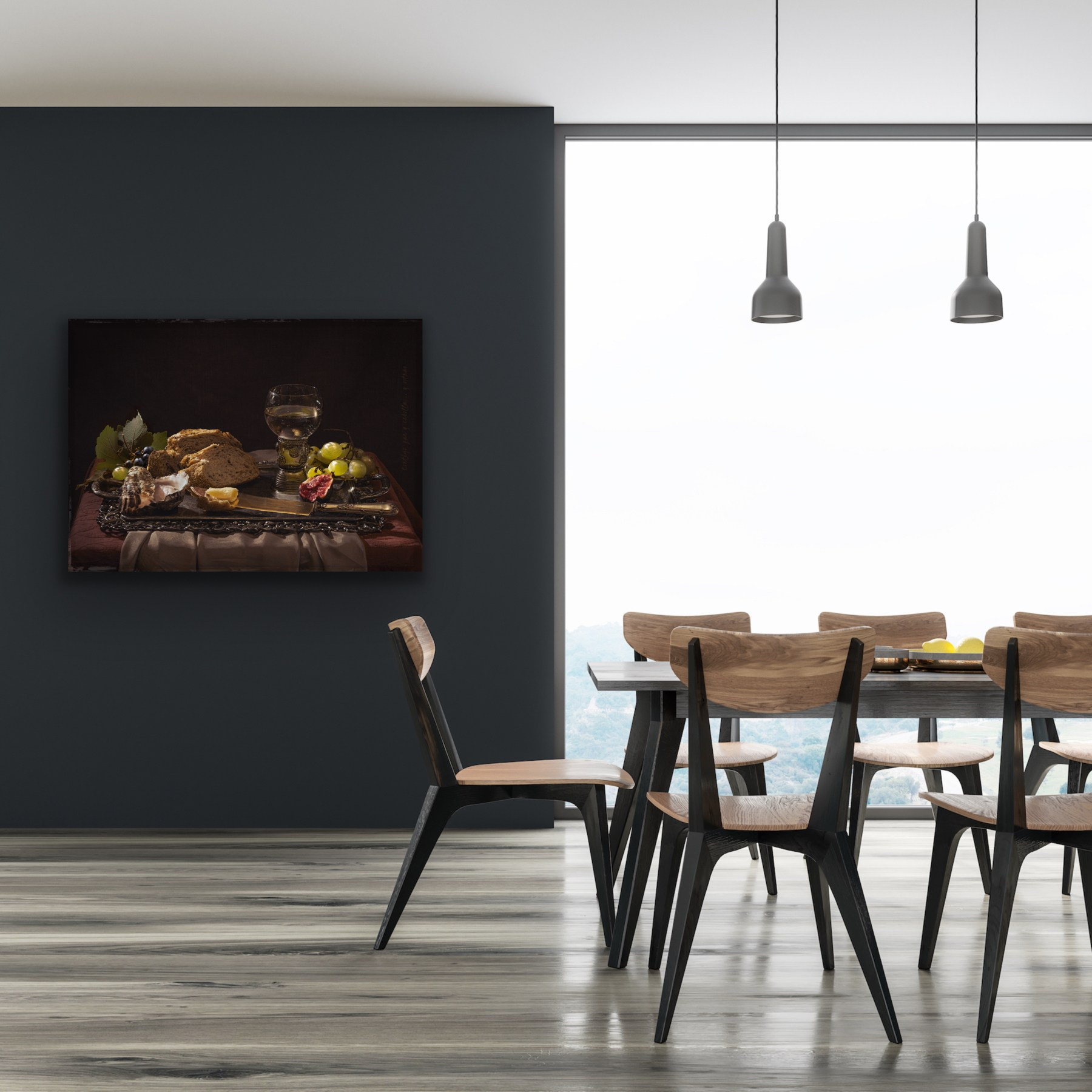 High-resolution photograph for sale, featuring a still life in the style of Dutch painting. The image showcases a classic composition with bread, oysters, and other elements reminiscent of a traditional Dutch still life. Perfect for interior design or art enthusiasts interested in a blend of classic art and modern photography.