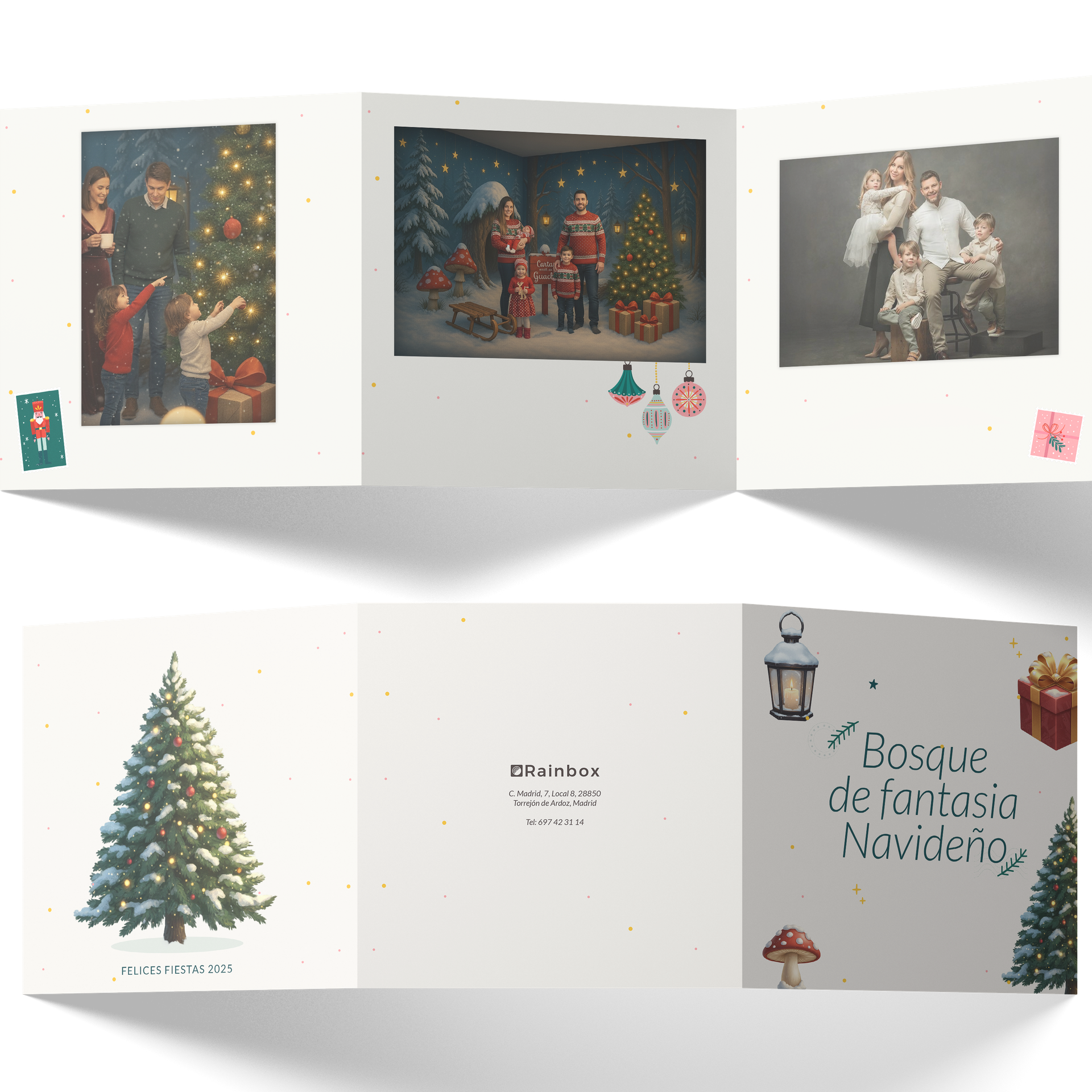 Álbum impreso personalizado con tapa dura, de 26 páginas, que recoge las fotos de las sesiones de Navidad de Rainbox, creando un recuerdo duradero y elegante