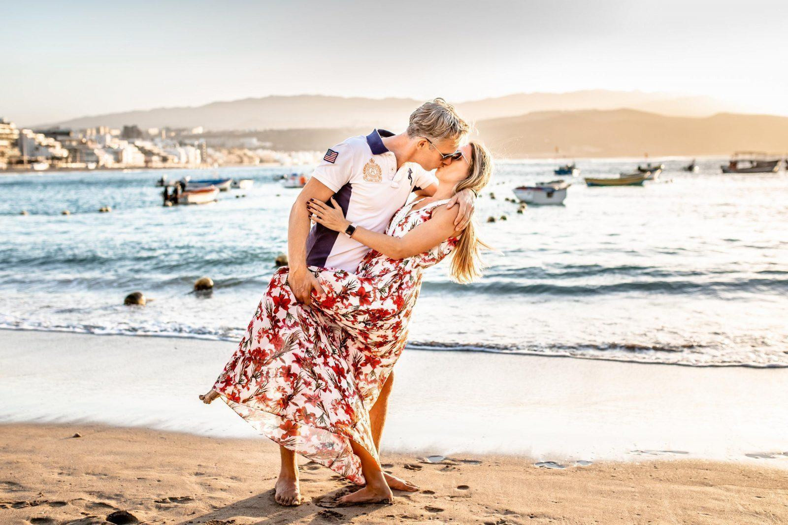 couple kissing on the beach at sunset Las Palmas Gran Canaria