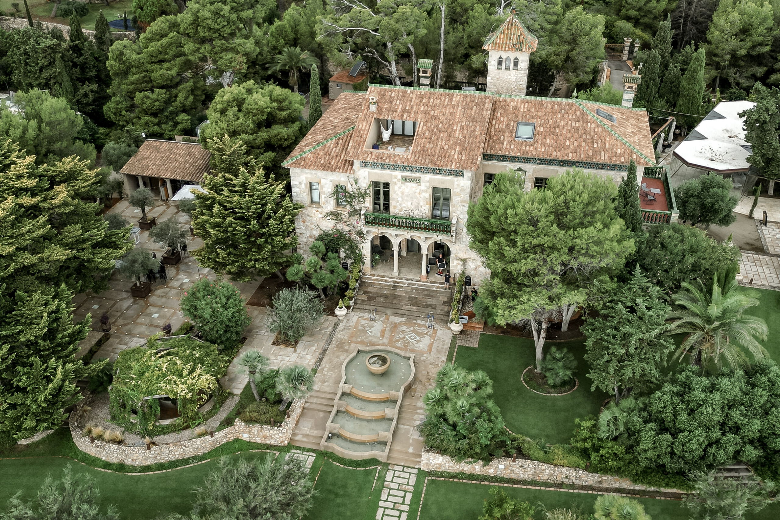 Drone view from at Xalet del Nin, seafront villa near Barcelona.