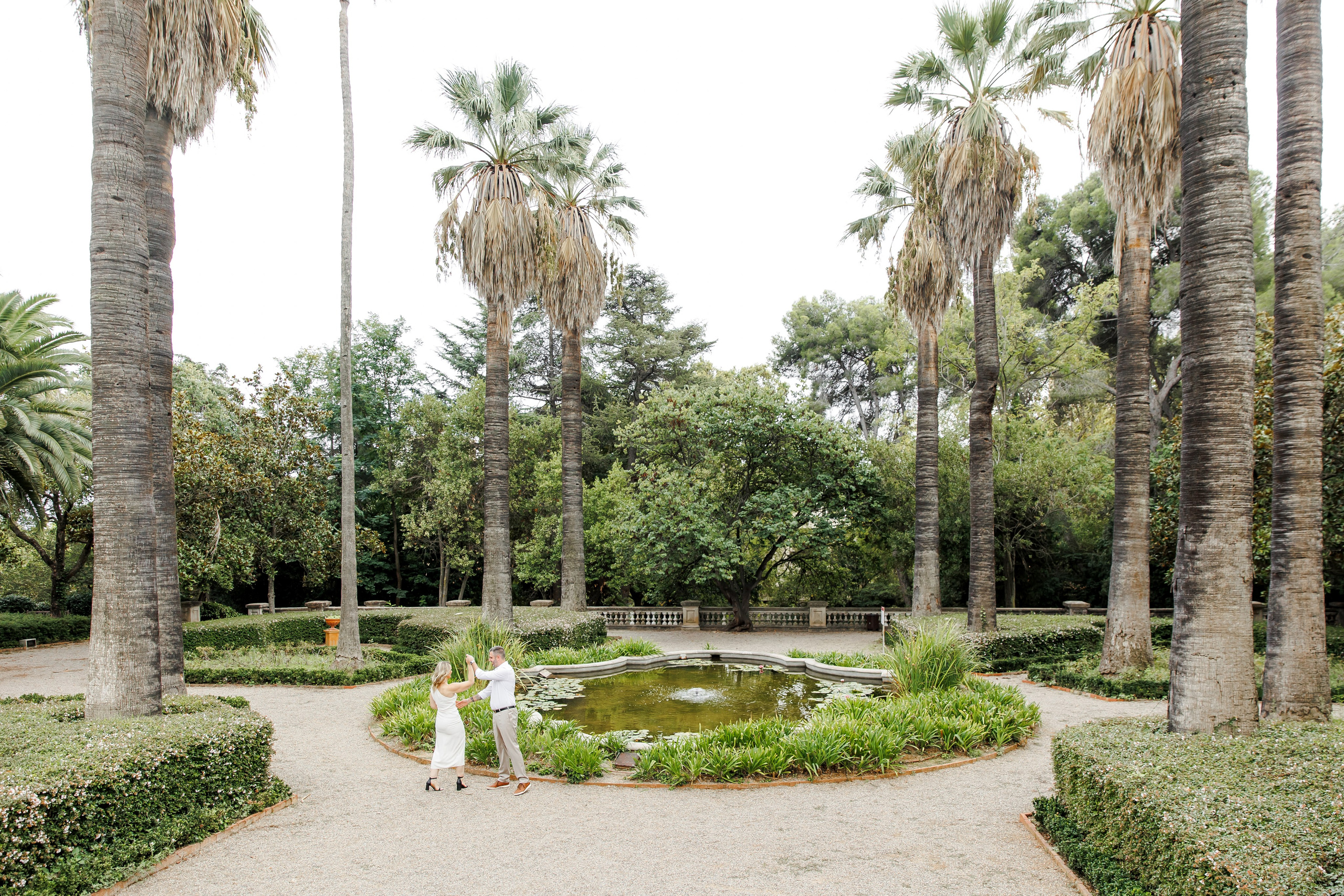 Beautiful overlook at the park and the couple in the park in Barcelona