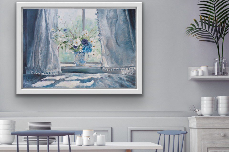 Contemporary still-life painting in fresh blue tones, featuring an open window and vases with wildflowers on the windowsill. An exquisite addition to art collectors' galleries and a stylish interior decoration piece. Available for sale