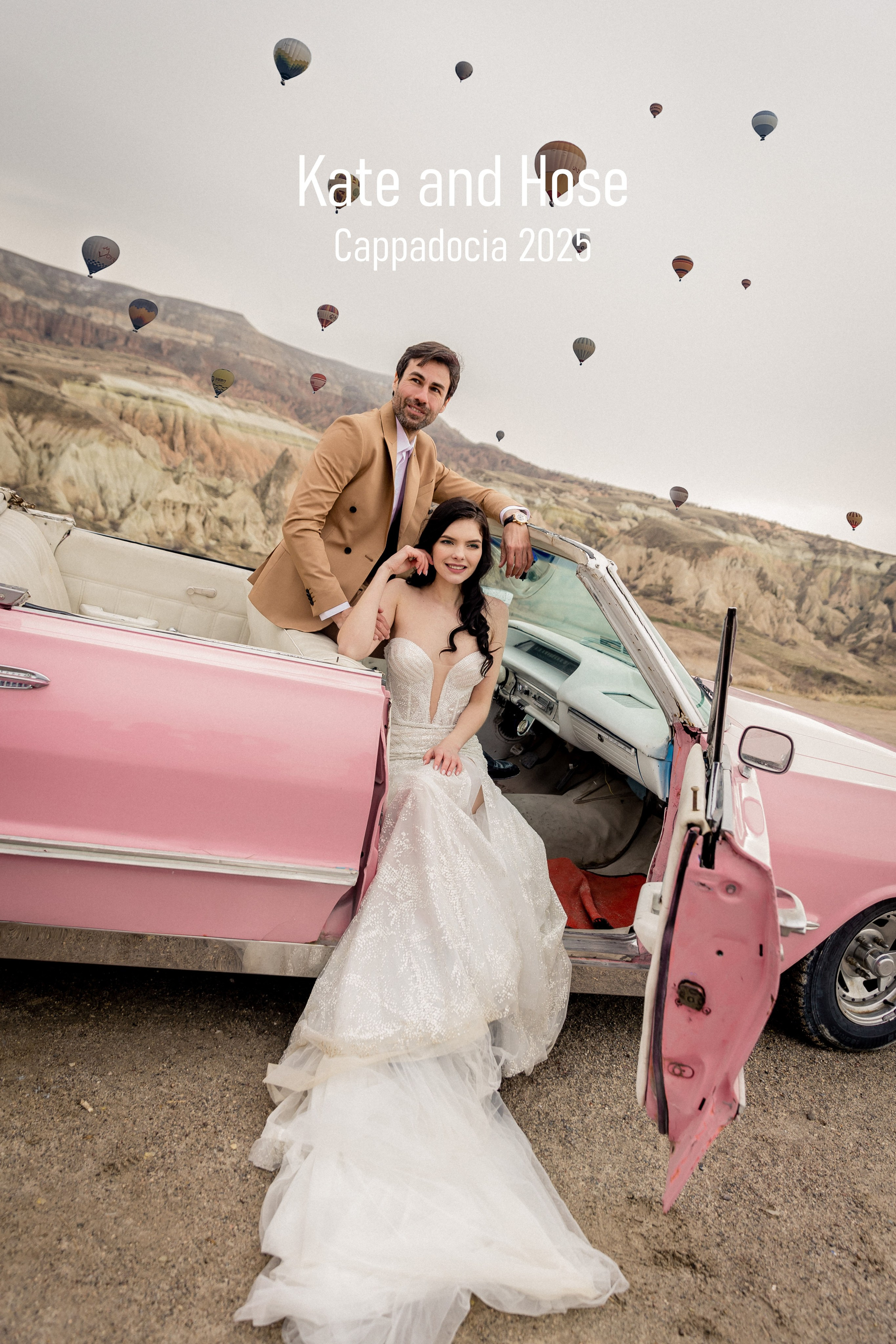 Romantic wedding photoshoot in Cappadocia with hot air balloons and a pink limousine, bride in white dress with groom