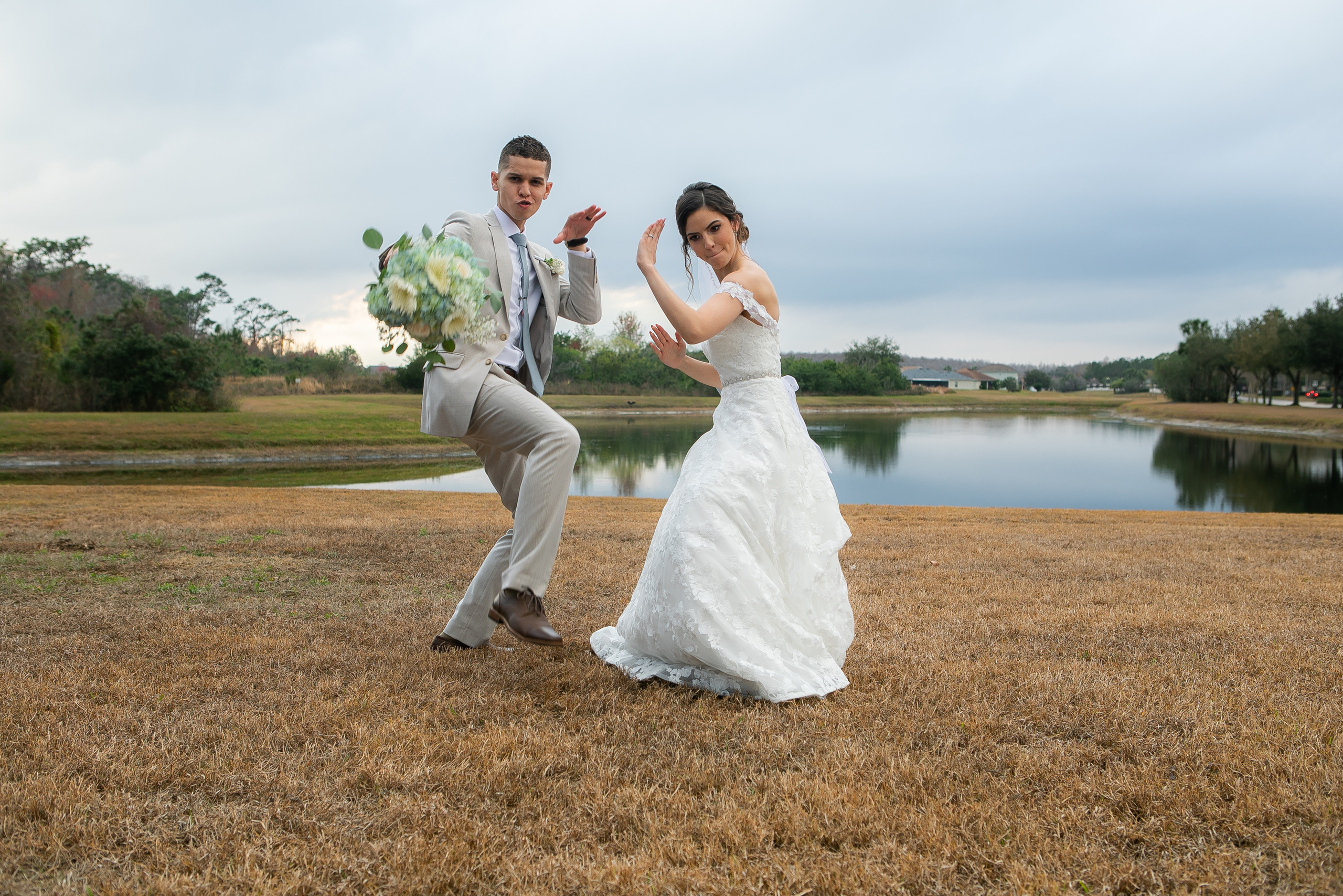 A newlyweds show karate techniques