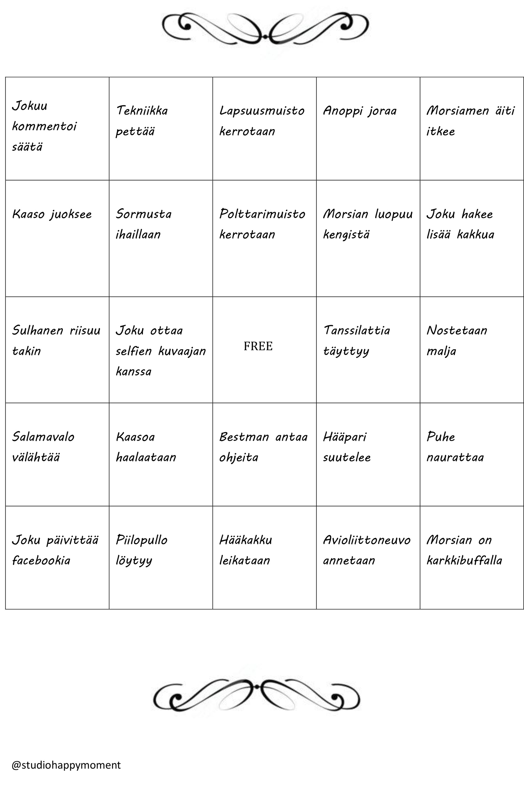 Tulostettava hääbingo