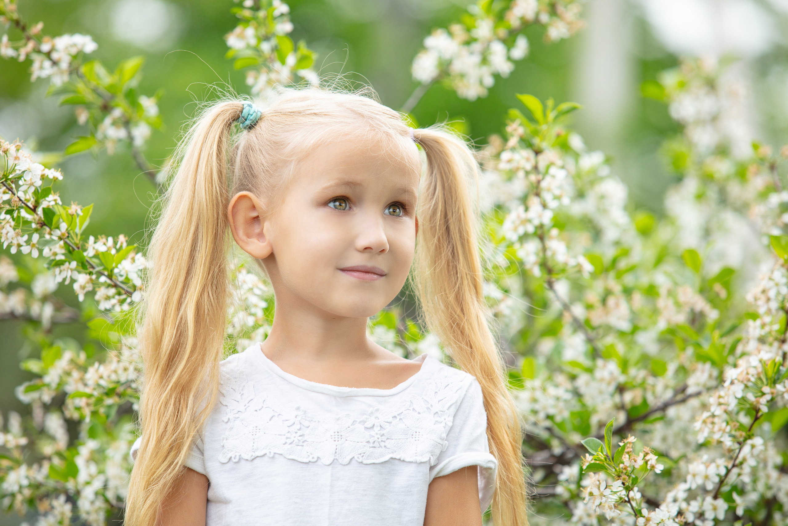 Portrait d'une petite fille blonde souriante devant des arbres en fleurs au printemps