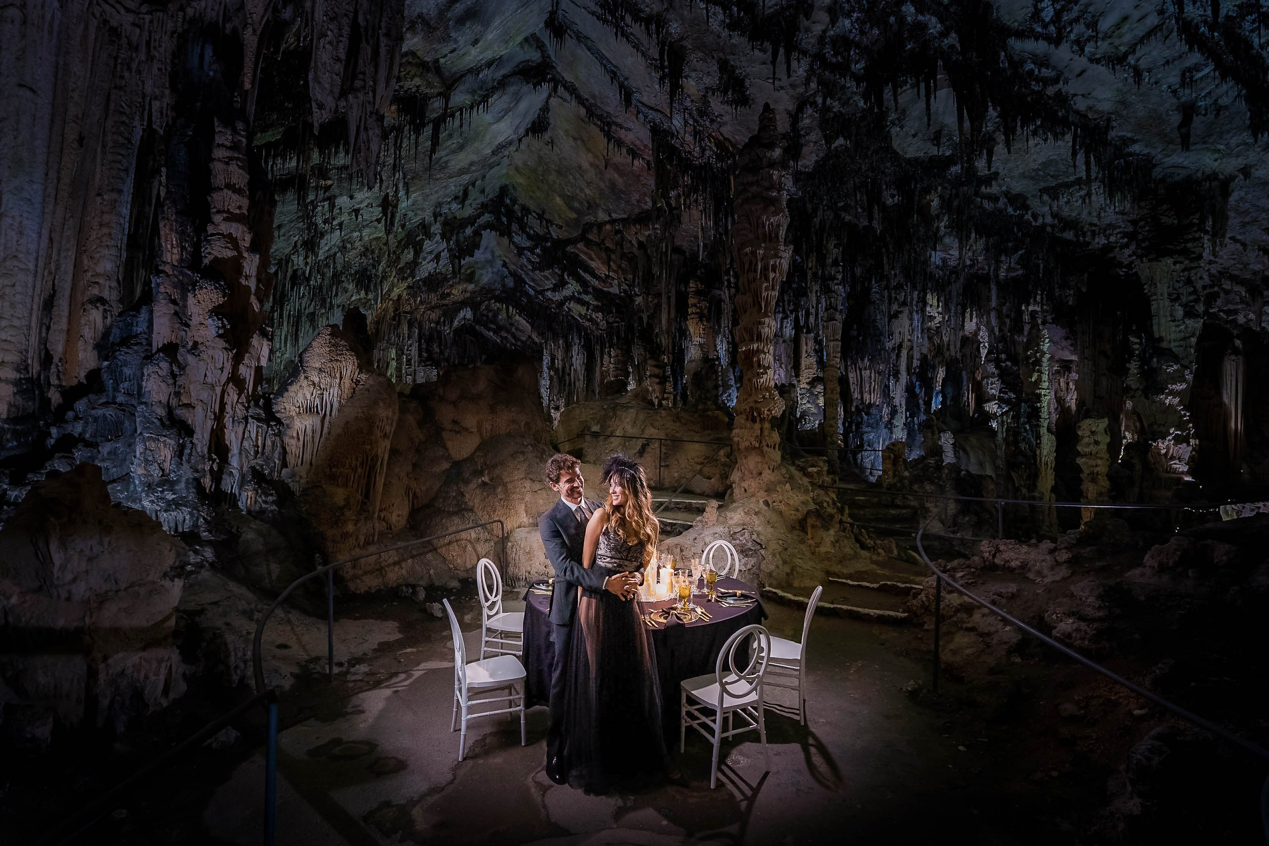 Bride and groom have fun together at this Cave Wedding Dinner Banquet in Mallorca