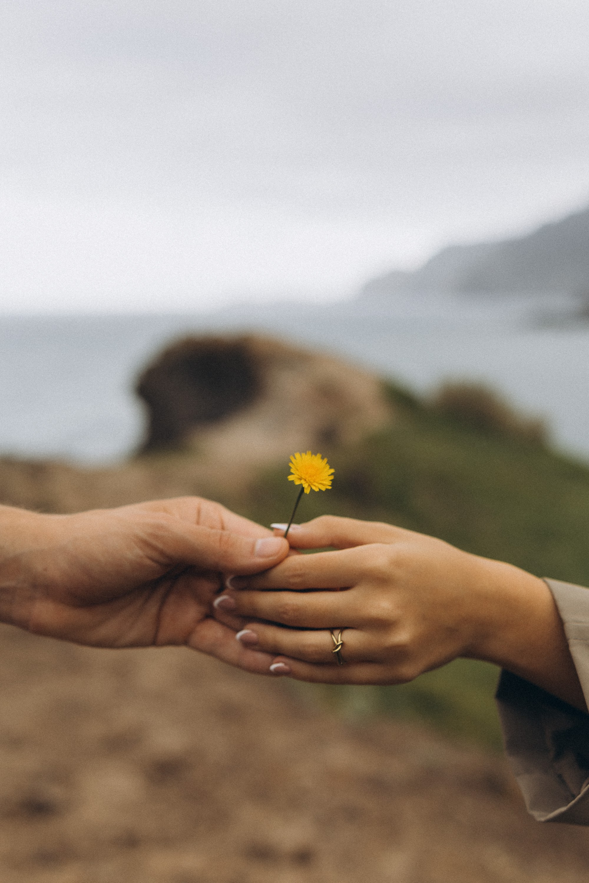 Beautiful engagement moment by the ocean in Madeira, Portugal, as one partner kneels to propose while waves crash in the background
