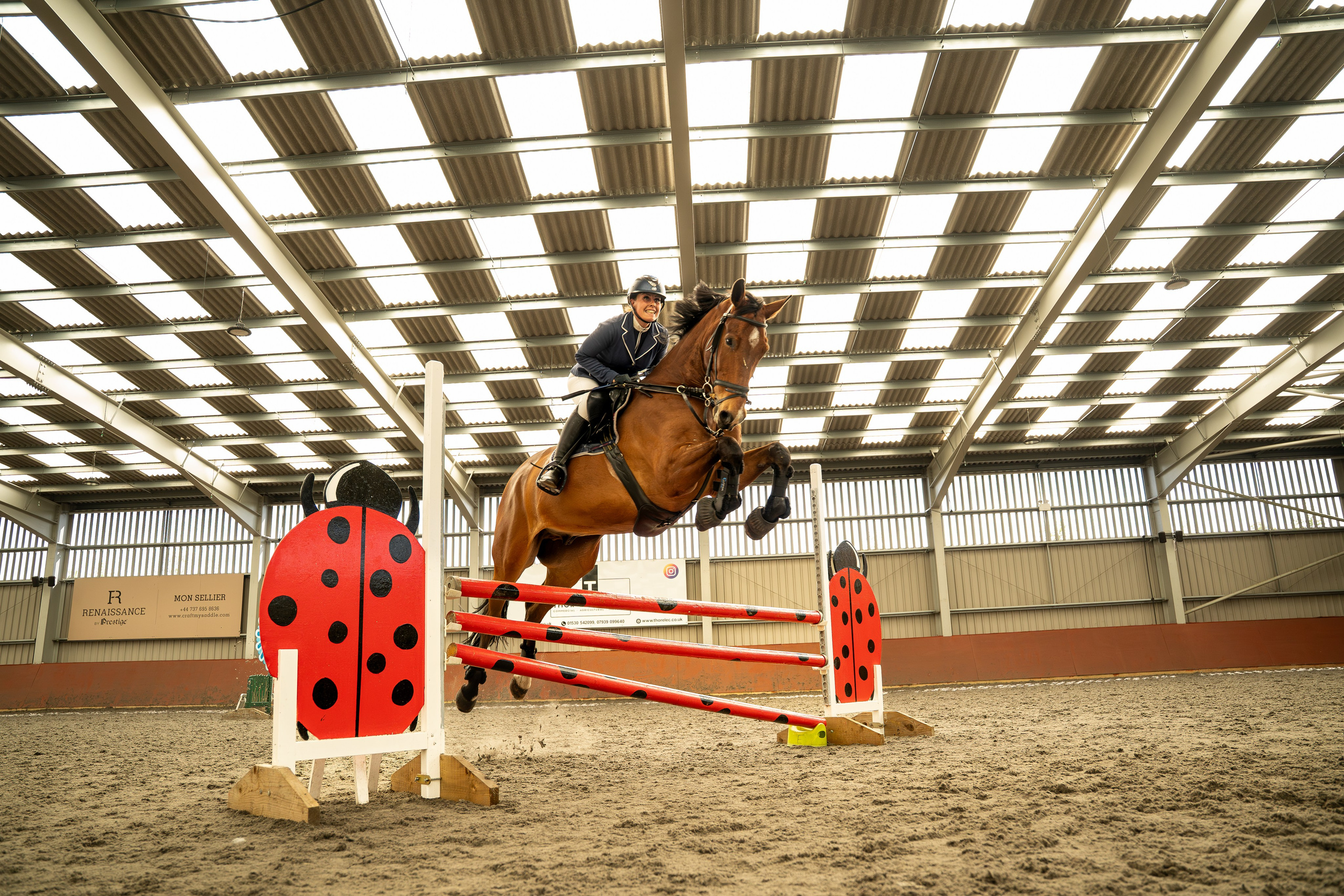 Horse and rider mid-air over colourful jump at NewboldVerdon Equestrian show in Leicestershire
