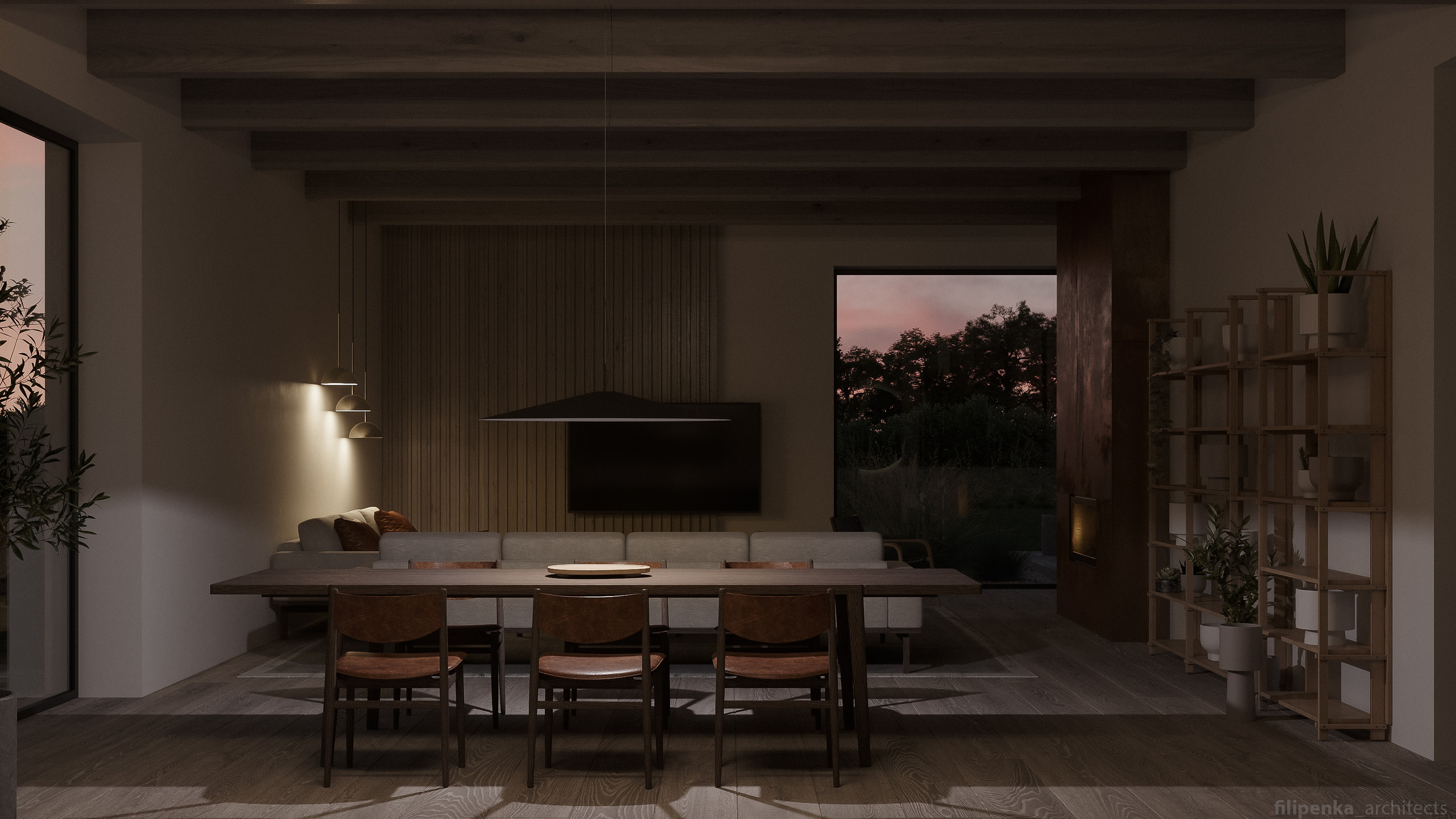 Obývací pokoj s jídelnou a kuchyní. Filipenka architects