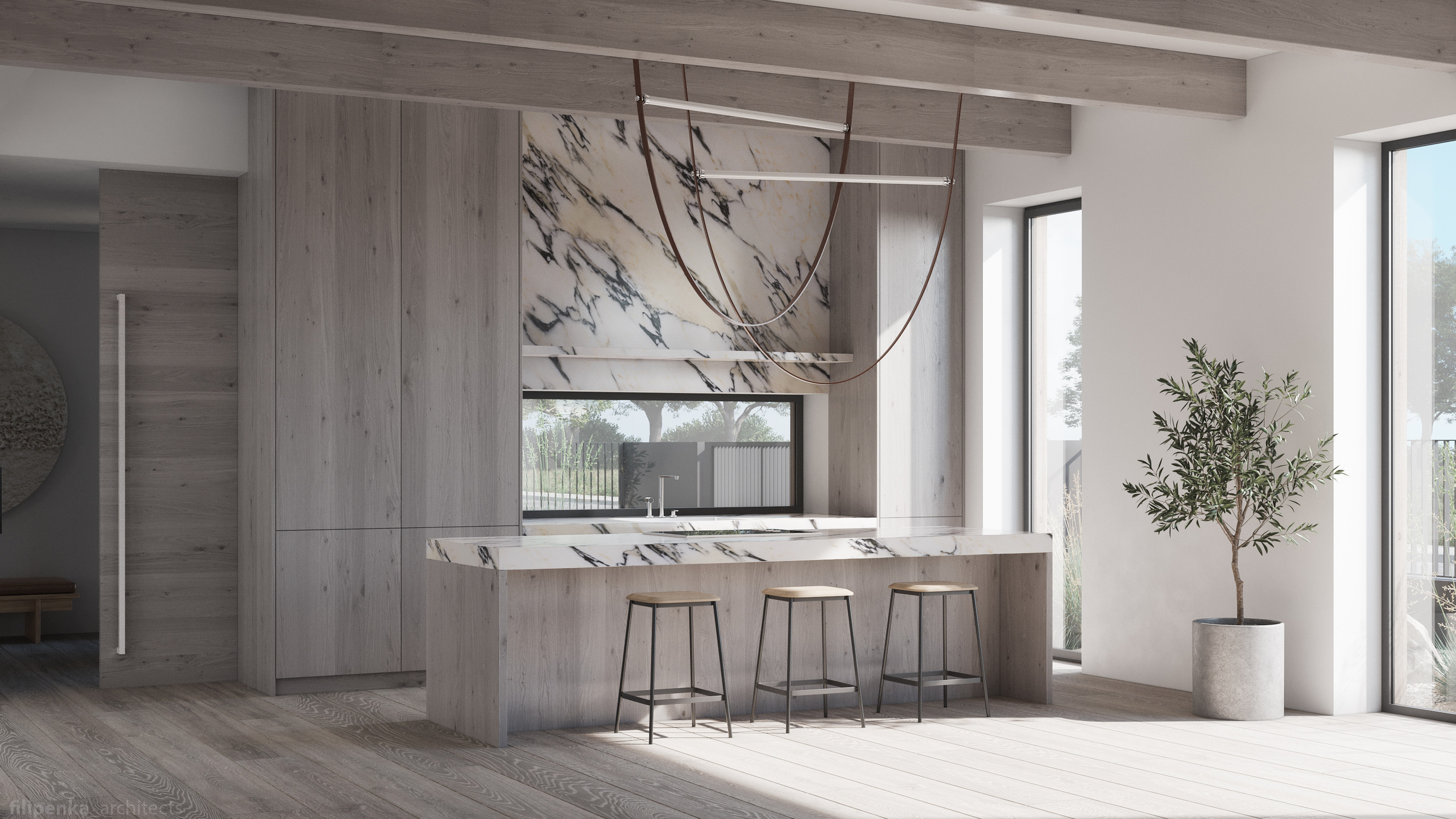 Obývací pokoj s jídelnou a kuchyní. Filipenka architects