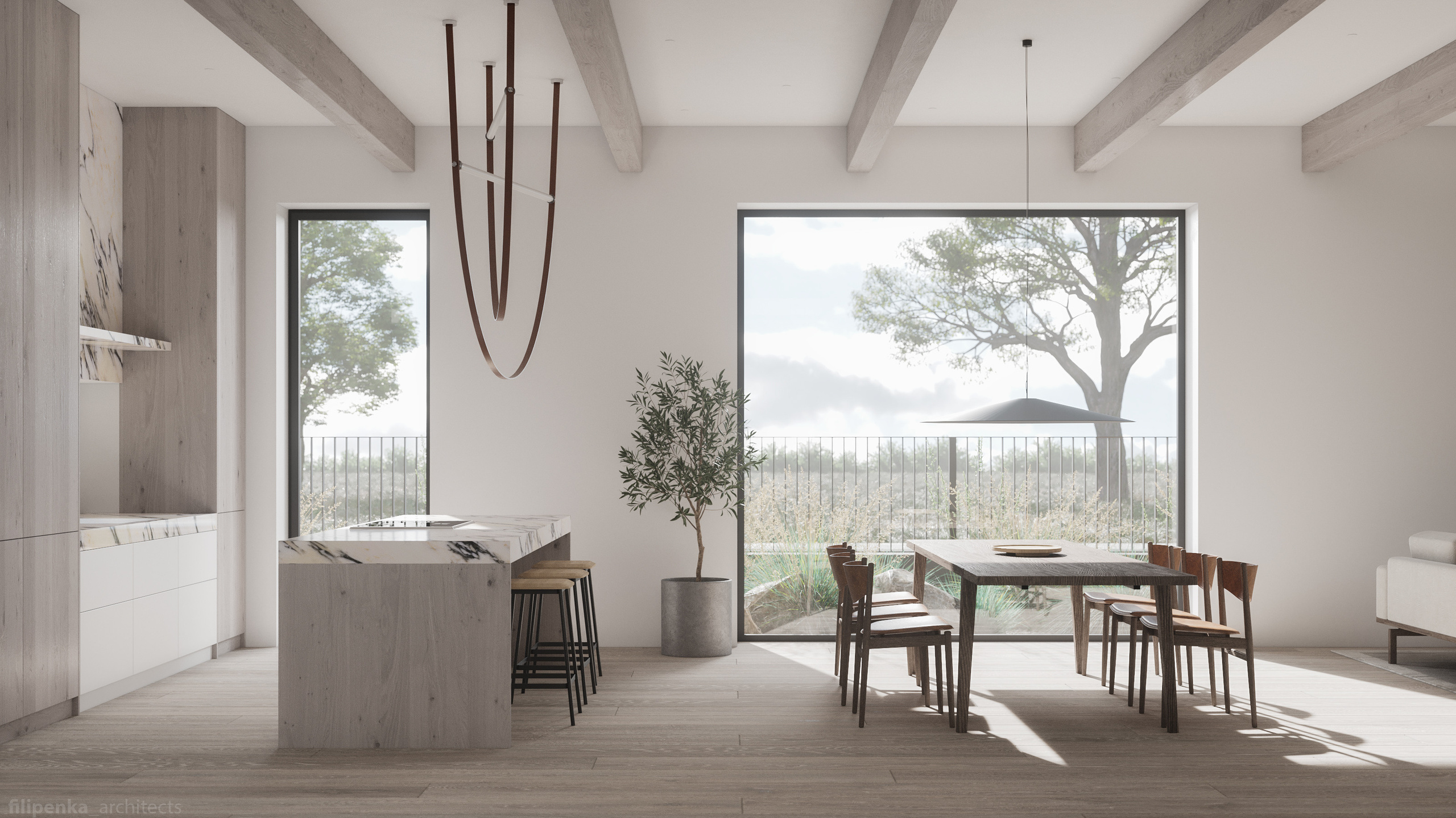 Obývací pokoj s jídelnou a kuchyní. Filipenka architects