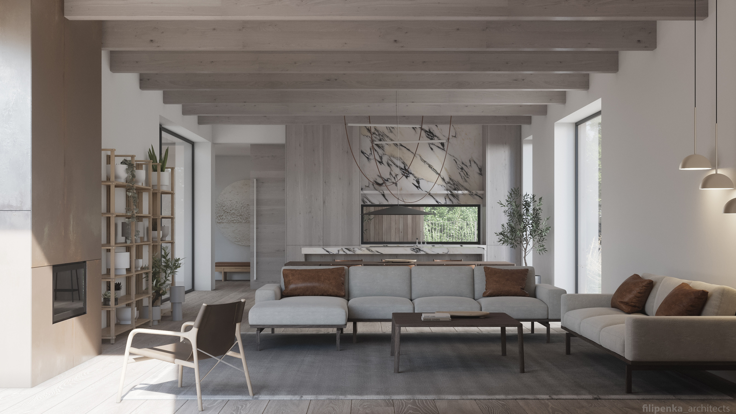 Obývací pokoj s jídelnou a kuchyní. Filipenka architects