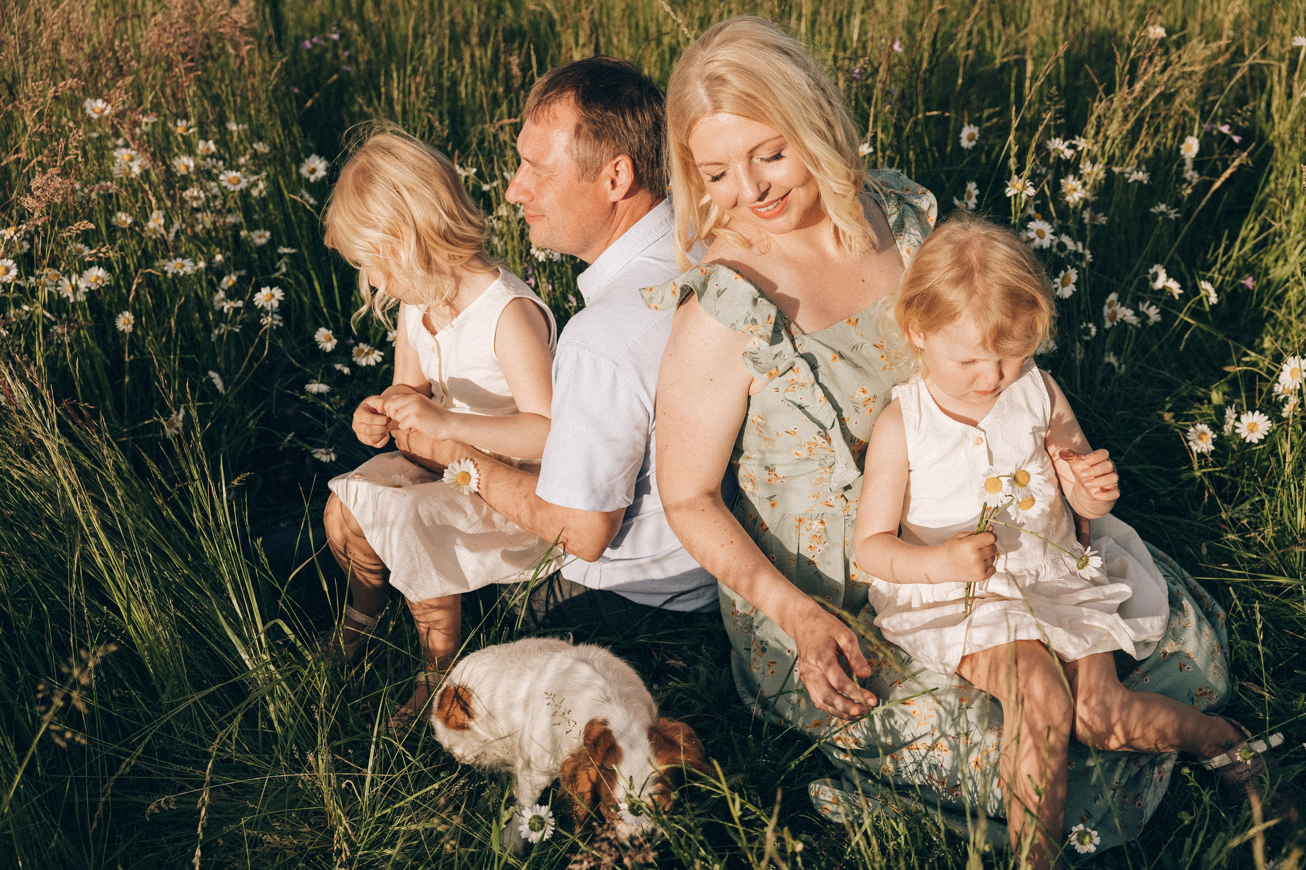 Family photoshoot in a daisy meadow at golden hour — natural light, warm tones, candid moments between a mother and her daughters. Lifestyle and Family Photographer in Pisek Oxana Telupilova