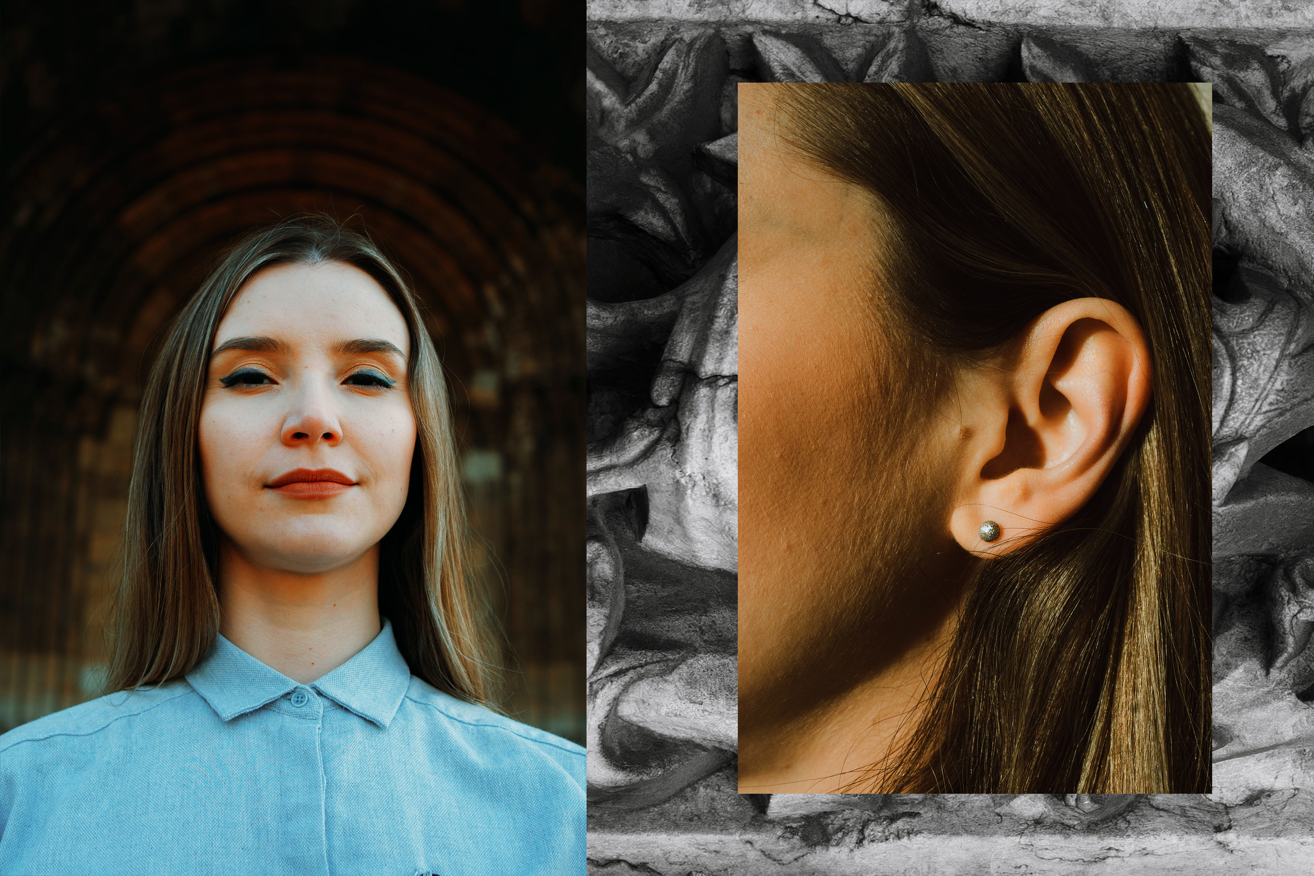 Collage with a front portrait of a young woman combined with an ear close-up.